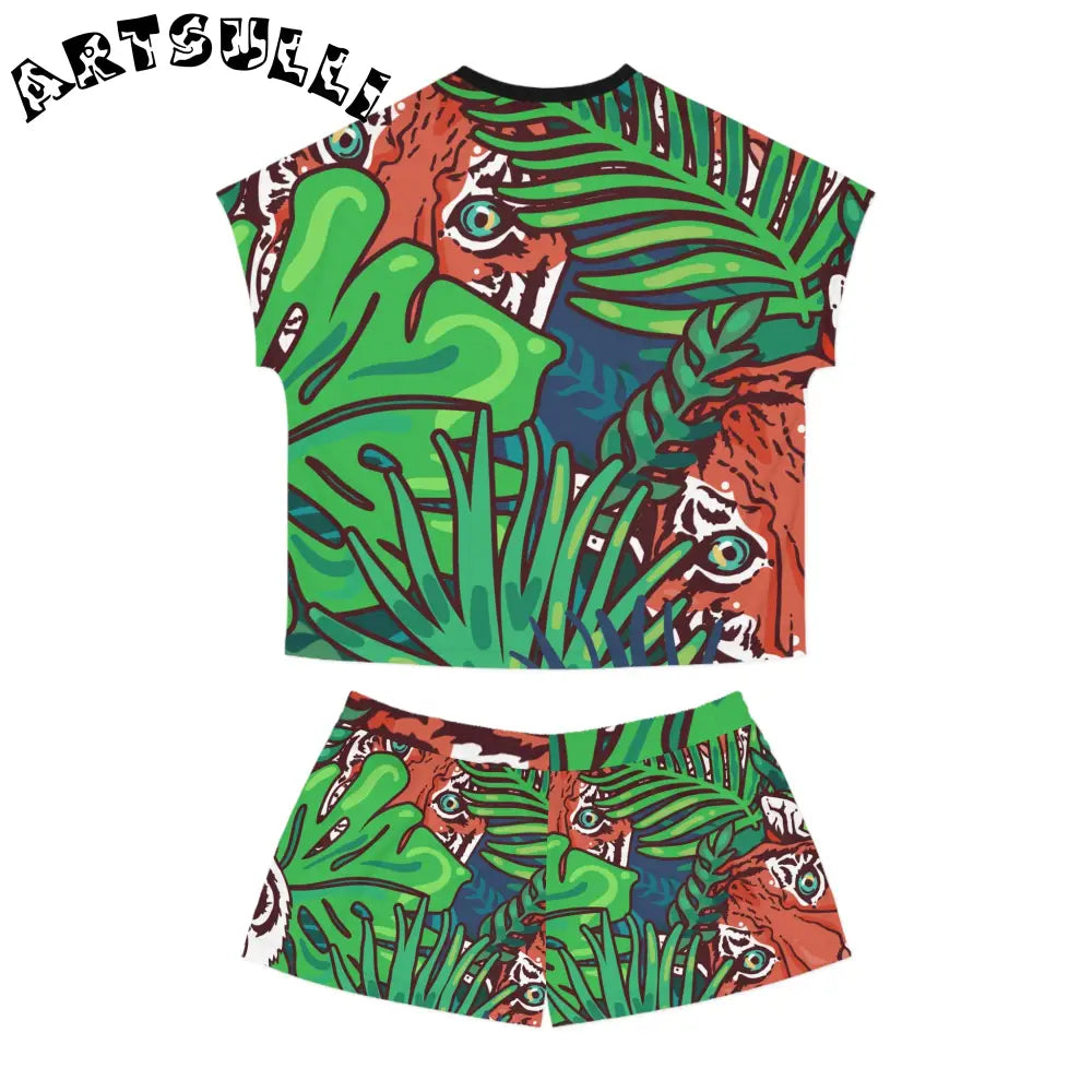 JAKKOUTTHEBXX Tropical Jungle Tigers Blue and Green Women’s Short
