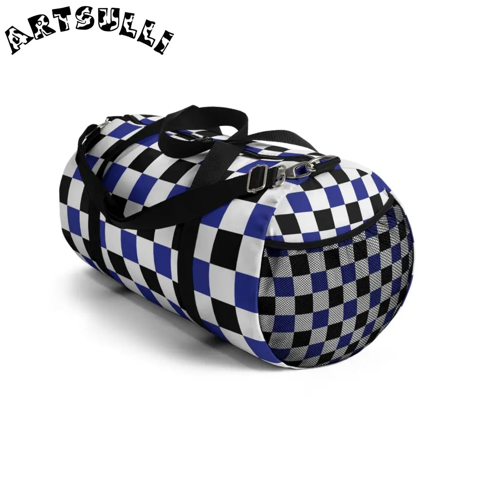 JAKKOUTTHEBXX Checkerboard Blue White and Black Duffel Bag