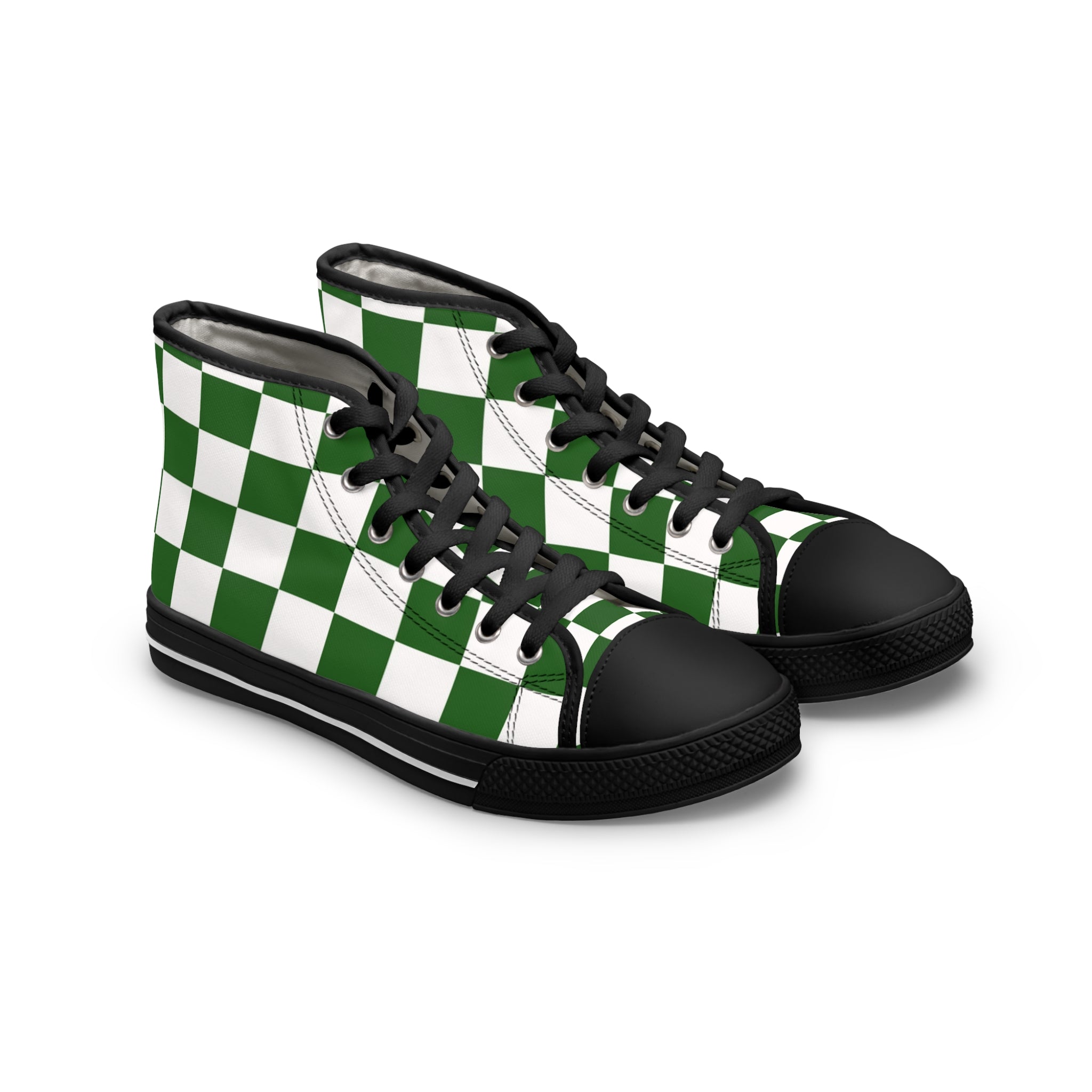 Checkerboard White and Dark Green Women's High Top Sneakers, Artsulli - Art is Long, Life is Short, Shoes, Size, US 5.5, Color, Black sole, , , 24935818514263881370