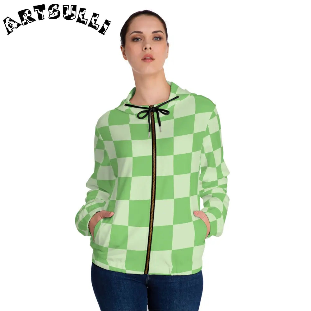 JAKKOUTTHEBXX Checkerboard Green Women’s Full-Zip Hoodie (AOP)