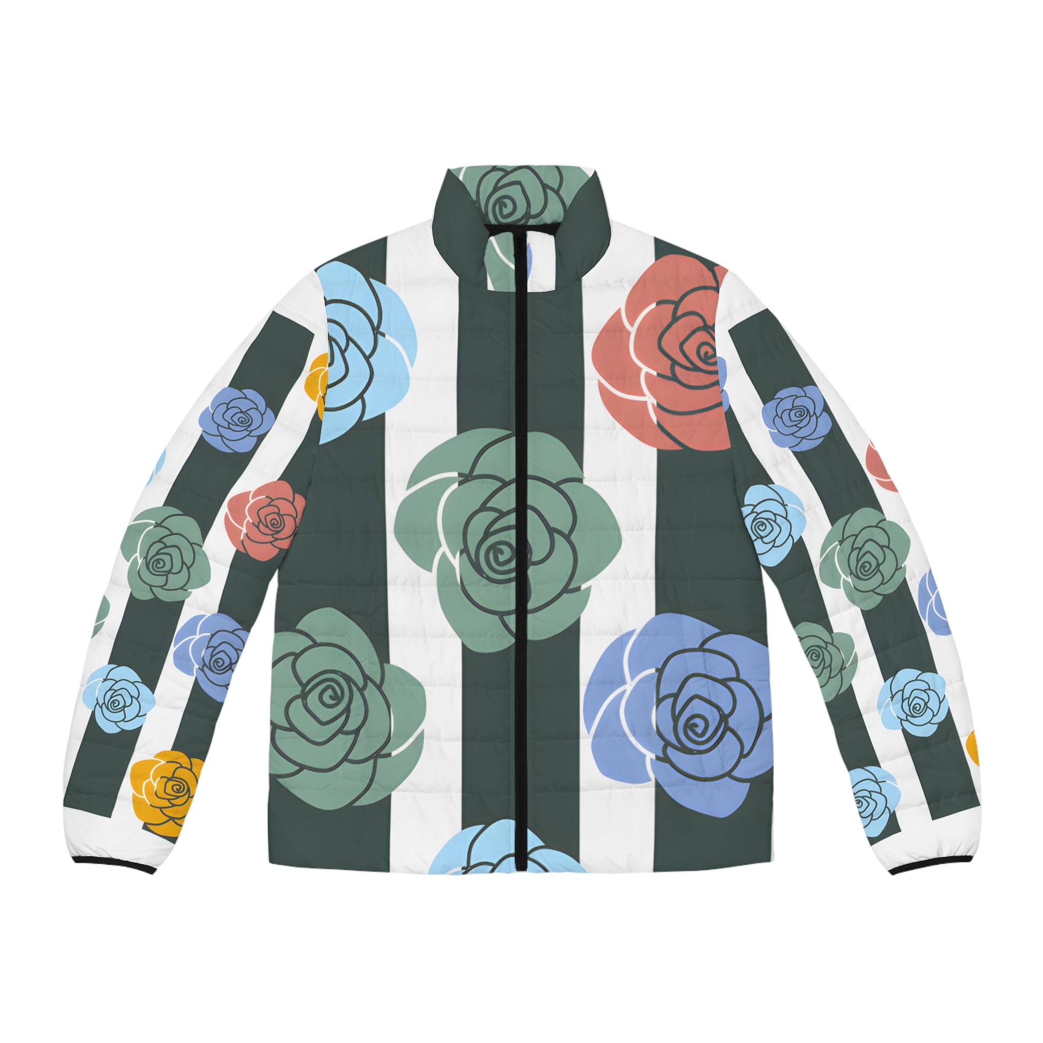 Stripes x Roses Black and White Men's Puffer Jacket (AOP), Artsulli - Art is Long, Life is Short, All Over Prints, Size, S, Color, Black zipper, , , 11721864825261