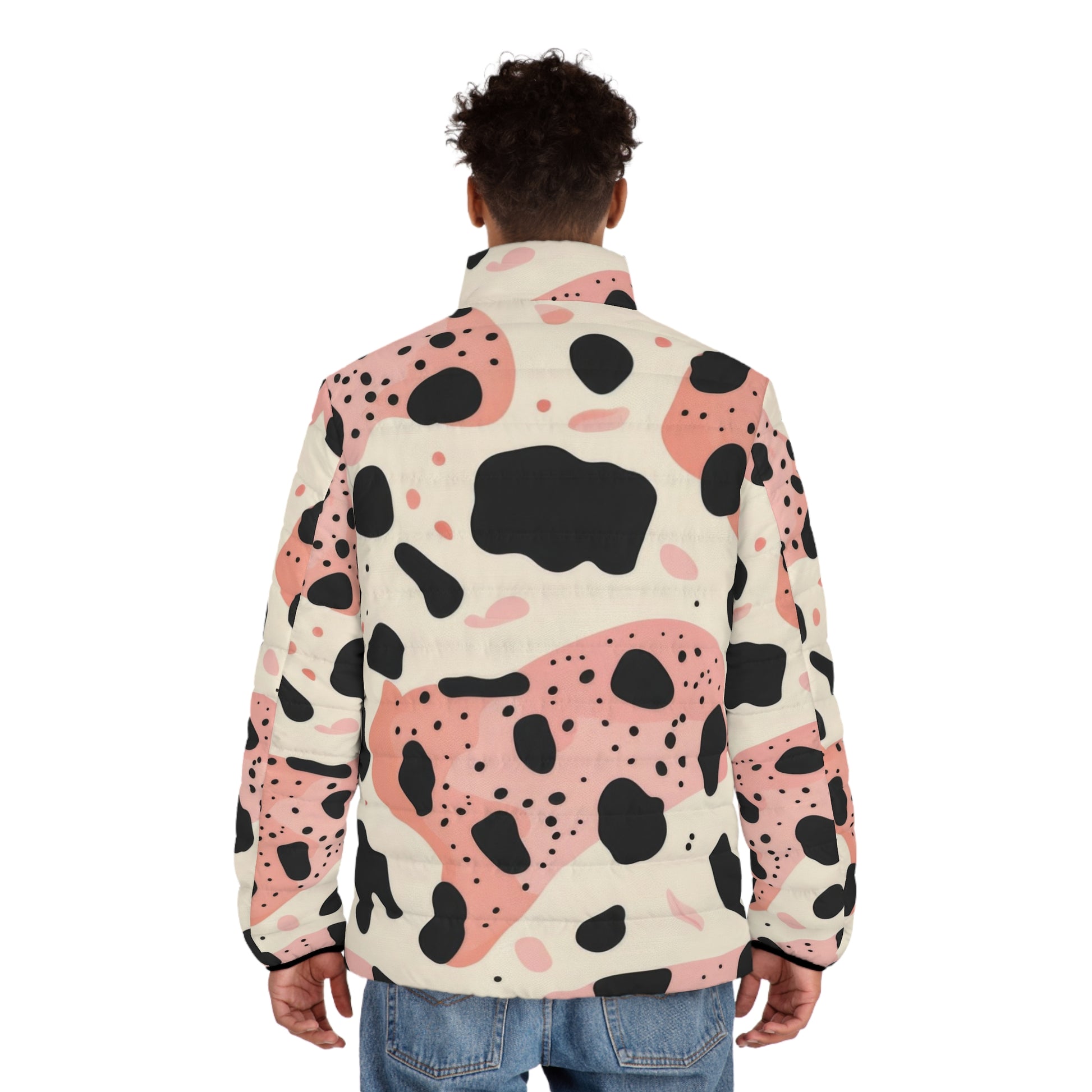 Organic Cow Print Cream and Pink Men's Puffer Jacket (AOP), Artsulli - Art is Long, Life is Short, All Over Prints, , , , , , , 