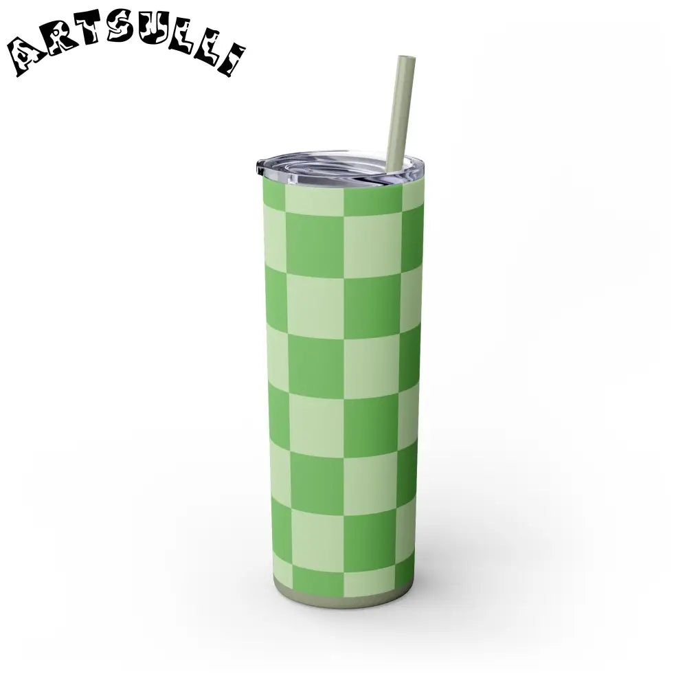 JAKKOUTTHEBXX Checkerboard Green Skinny Tumbler with Straw 20oz