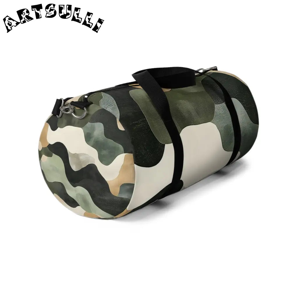 JAKKOUTTHEBXX Camouflage Patterned Duffel Bag with Black Straps