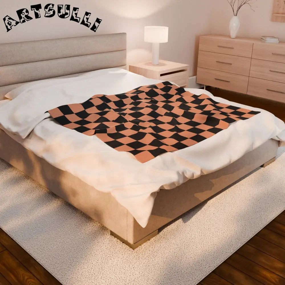 JAKKOUTTHEBXX Checkerboard Soft Orange and Black Velveteen Plush