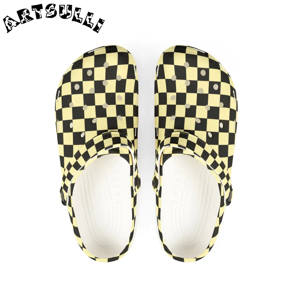 JAKKOUTTHEBXX Checkerboard Black and Yellow EVA Foam Rubber Shoes