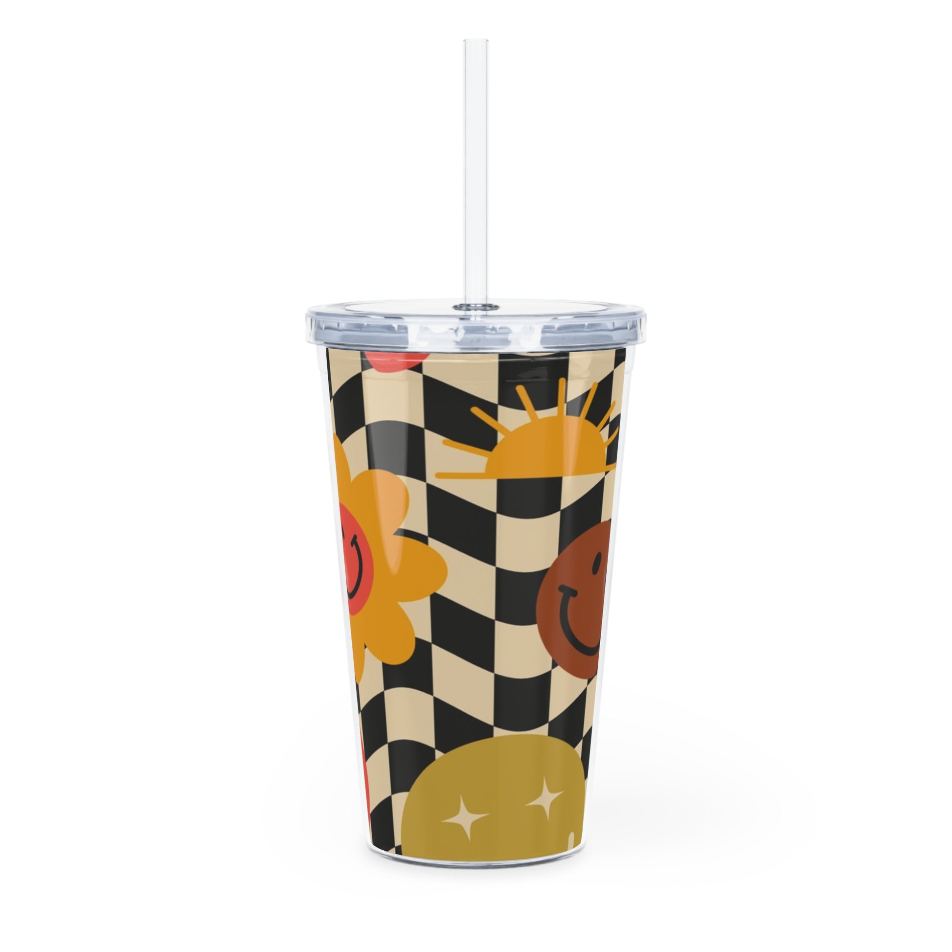 Trippy x Wavy Checkerboard x Smiley Face x Rainbow x Flowers Multi-Color Plastic Tumbler with Straw, Artsulli - Art is Long, Life is Short, Mug, , , , , , , 