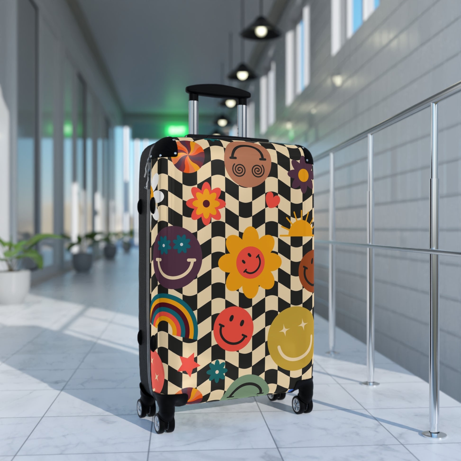 Trippy x Wavy Checkerboard x Smiley Face x Rainbow x Flowers Multi-Color Suitcase, Artsulli - Art is Long, Life is Short, Bags, , , , , , , 