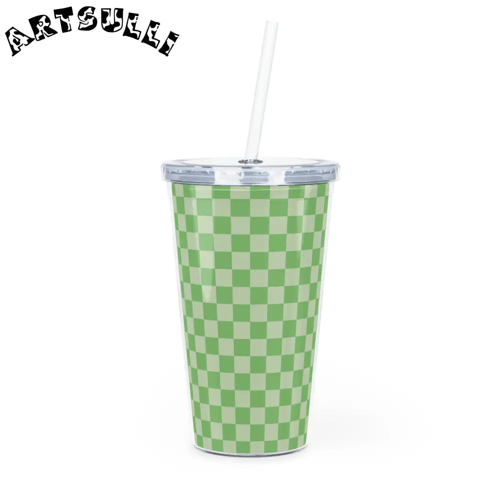 JAKKOUTTHEBXX Checkerboard II Green Plastic Tumbler with Straw