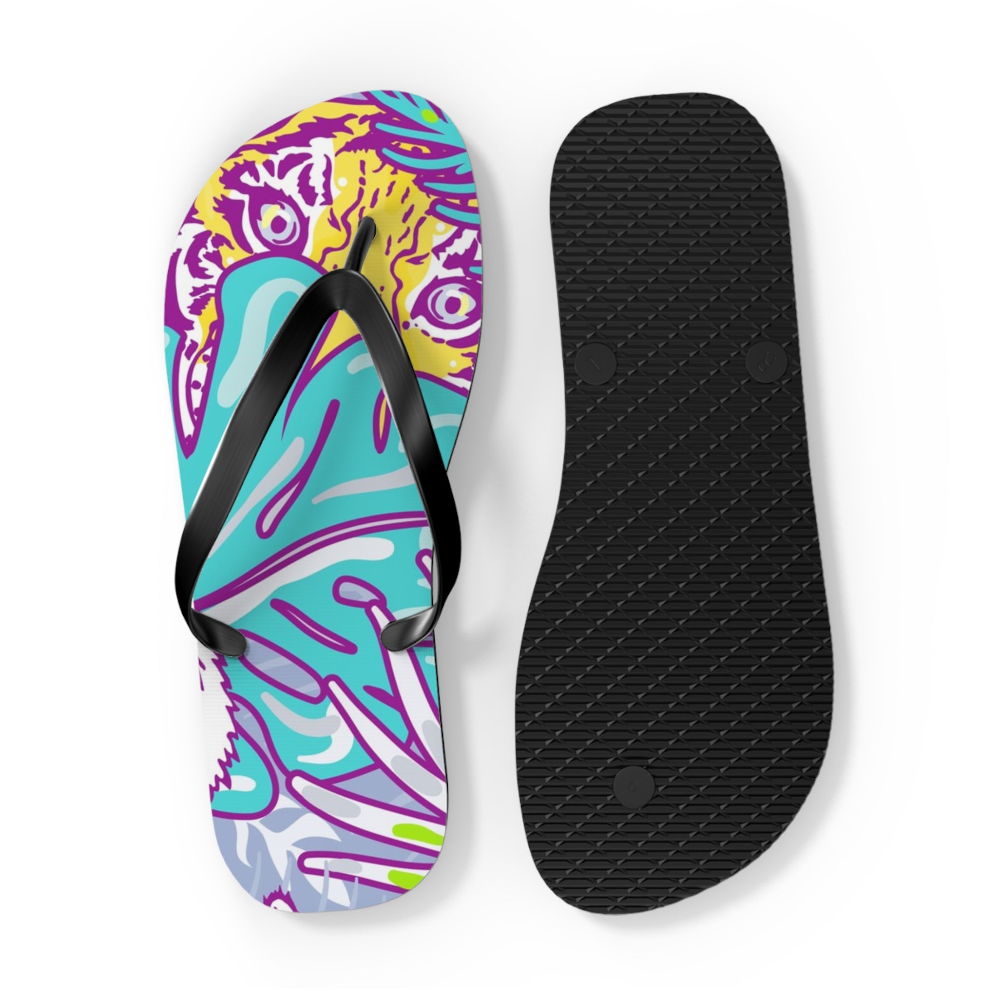 Tropical Floral Tigers Torquise and Purple Flip Flops, Artsulli - Art is Long, Life is Short, Shoes, , , , , , , 