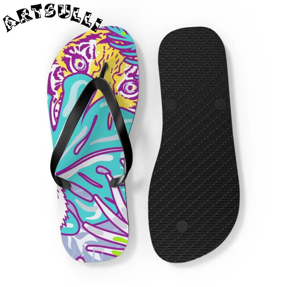 JAKKOUTTHEBXX Tropical Floral Tigers Torquise and Purple Flip Flops