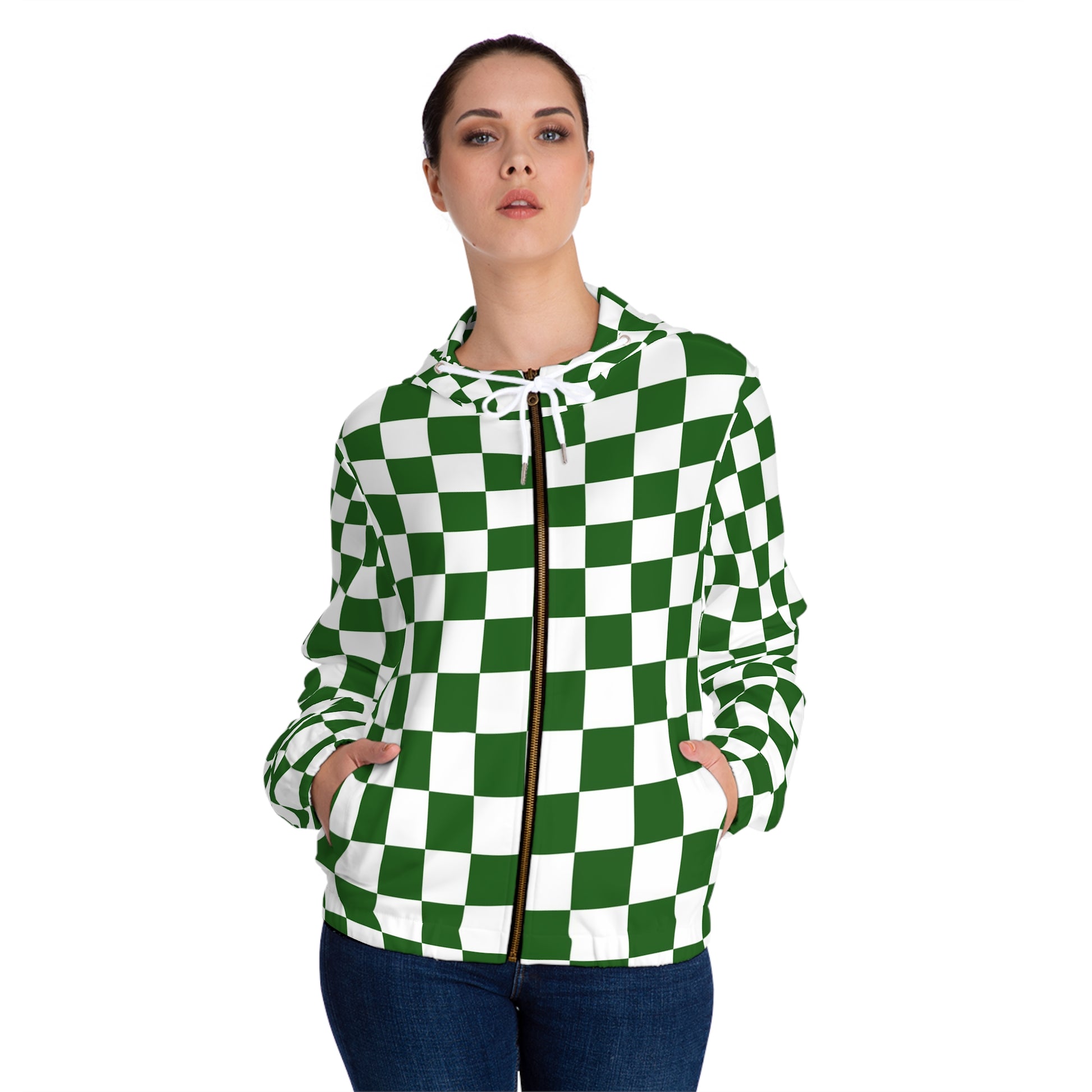 Checkerboard White and Dark Green Women’s Full-Zip Hoodie (AOP), Artsulli - Art is Long, Life is Short, All Over Prints, , , , , , , 