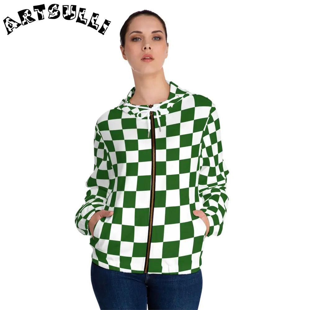 JAKKOUTTHEBXX Checkerboard White and Dark Green Women’s Full-Zip