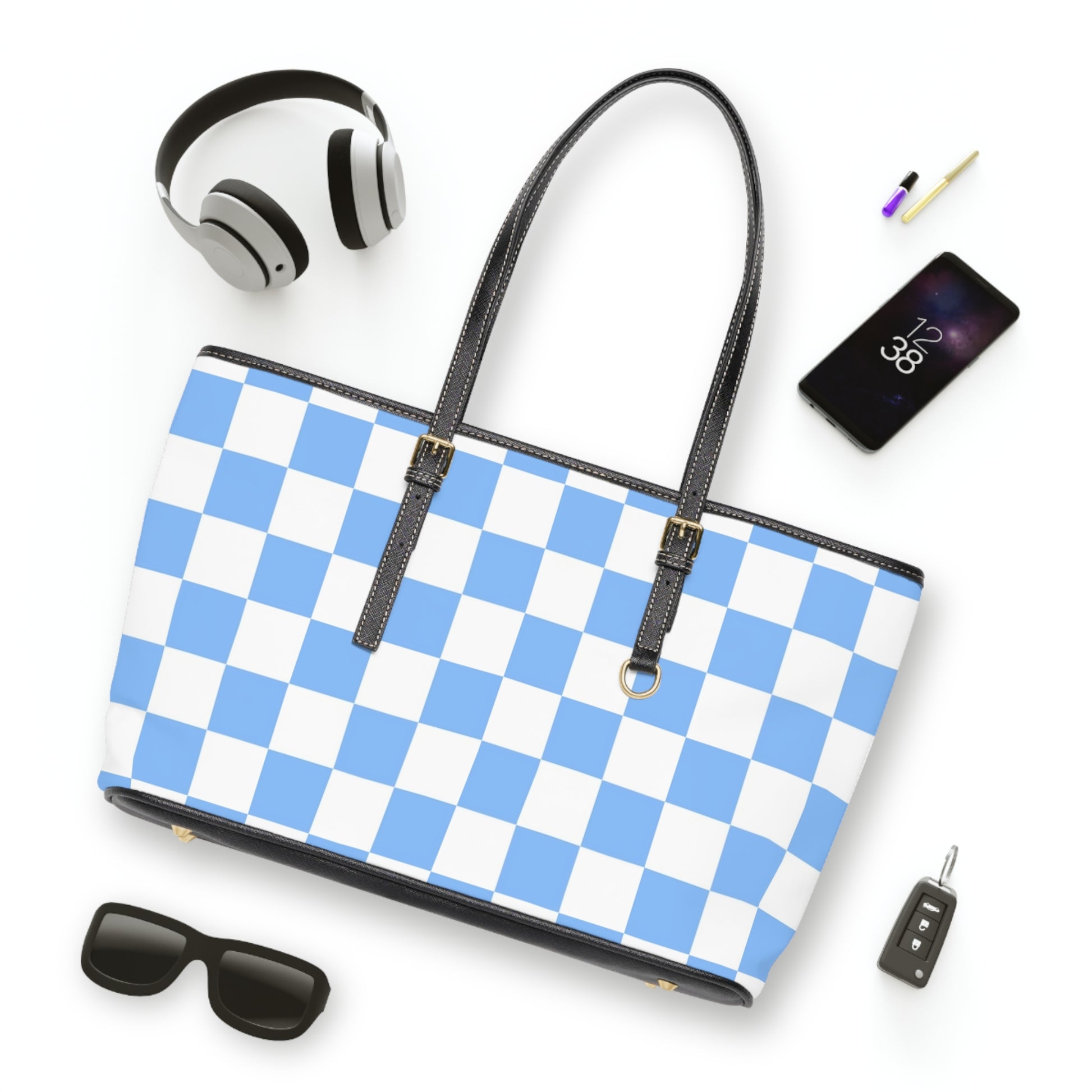 Checkerboard White and Light Blue PU Leather Shoulder Bag, Artsulli - Art is Long, Life is Short, Bags, , , , , , , 