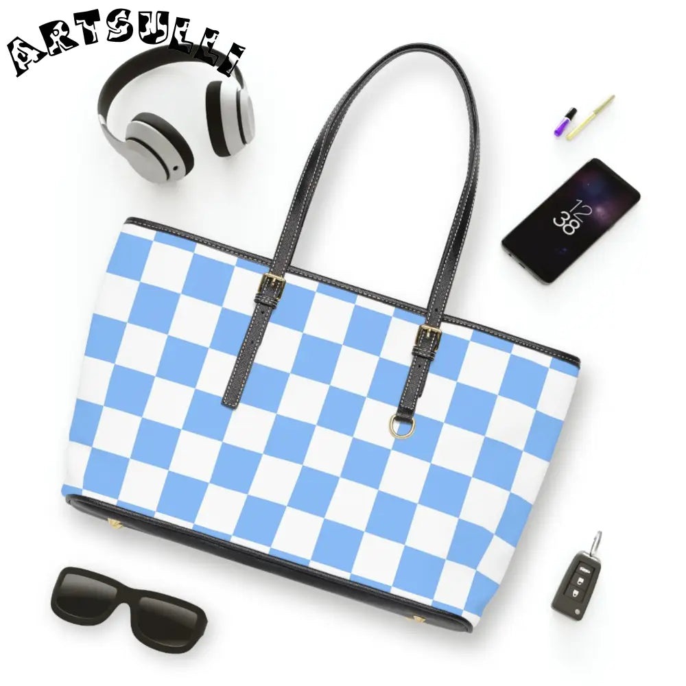 JAKKOUTTHEBXX Checkerboard White and Light Blue PU Leather Shoulder