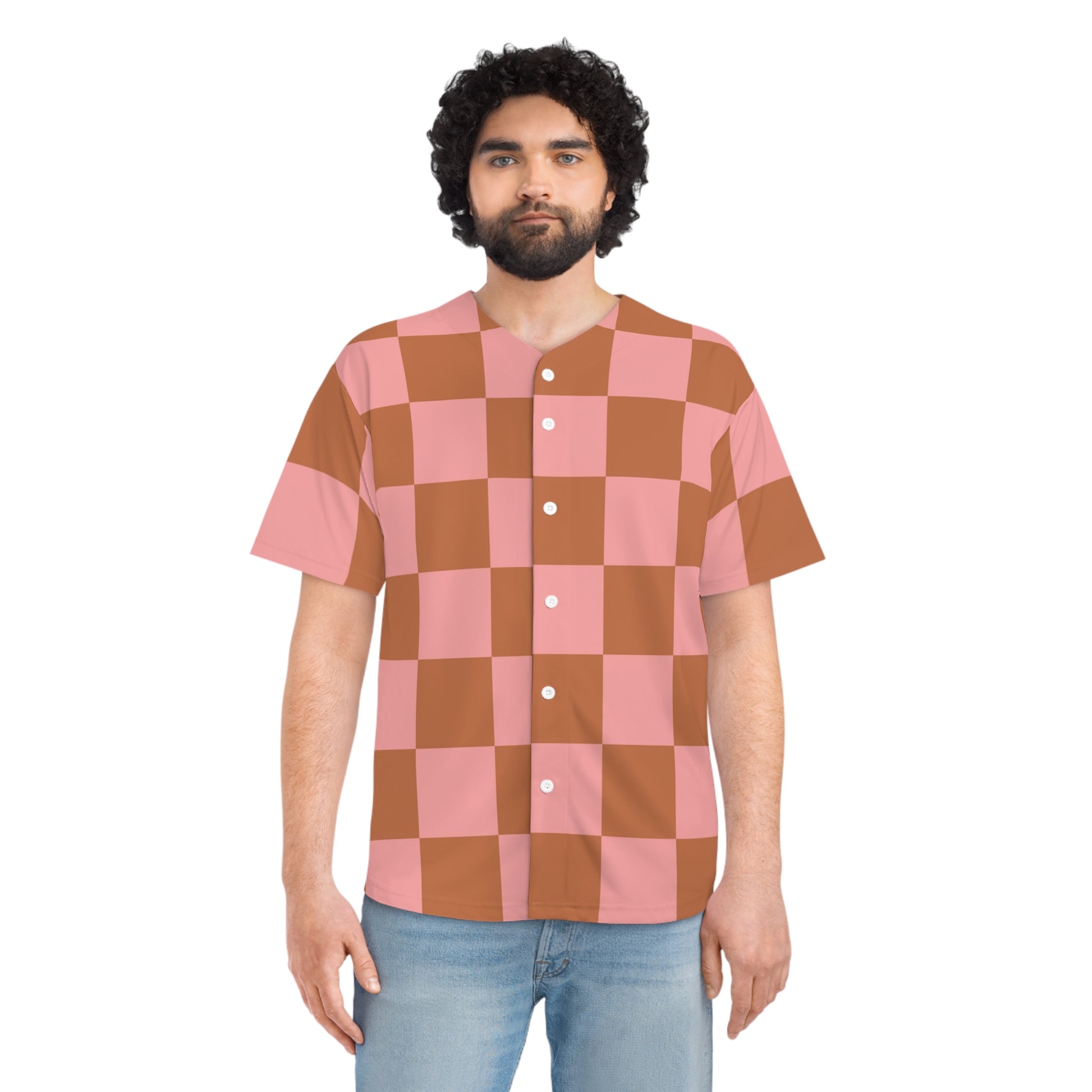Chessboard Pink and Brown Men's Baseball Jersey (AOP), Artsulli - Art is Long, Life is Short, All Over Prints, , , , , , , 
