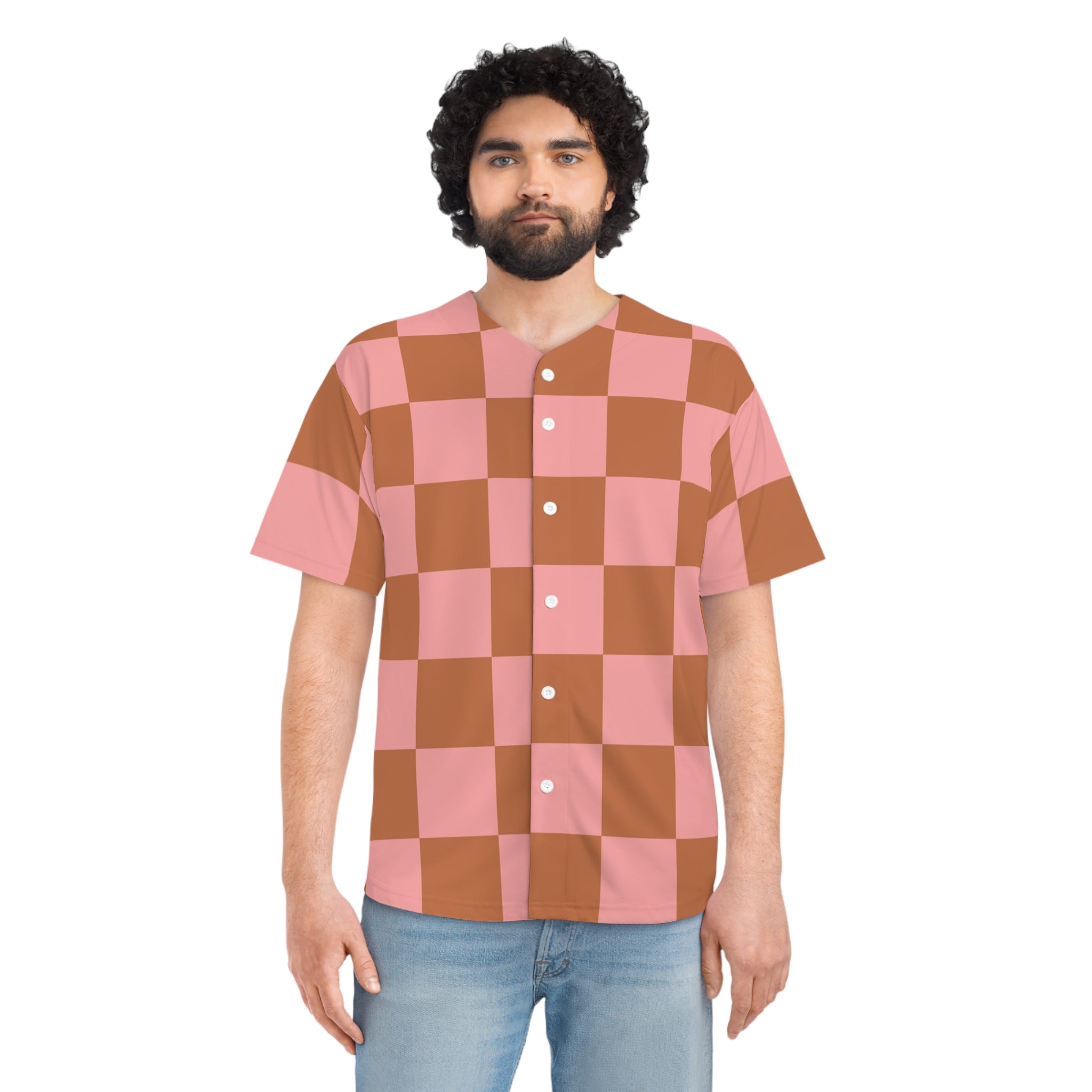 Chessboard Pink and Brown Men's Baseball Jersey (AOP), Artsulli - Art is Long, Life is Short, All Over Prints, , , , , , , 