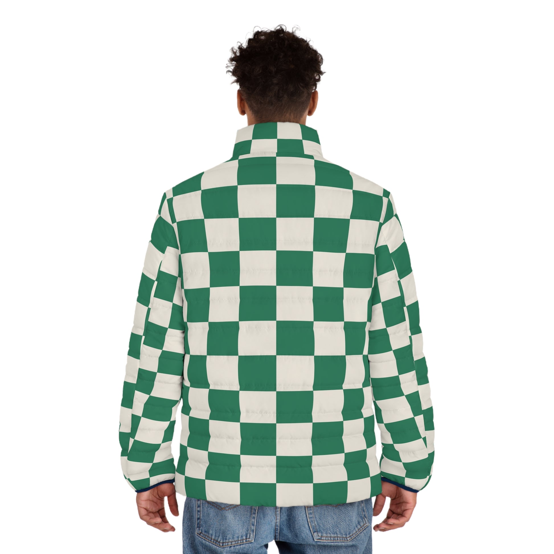 Checkerboard Dark Green Men's Puffer Jacket (AOP), Artsulli - Art is Long, Life is Short, All Over Prints, , , , , , , 