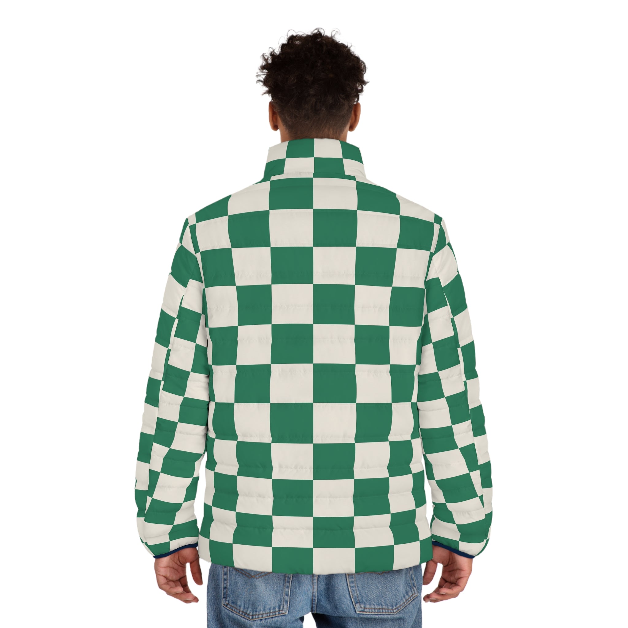 Checkerboard Dark Green Men's Puffer Jacket (AOP), Artsulli - Art is Long, Life is Short, All Over Prints, , , , , , , 