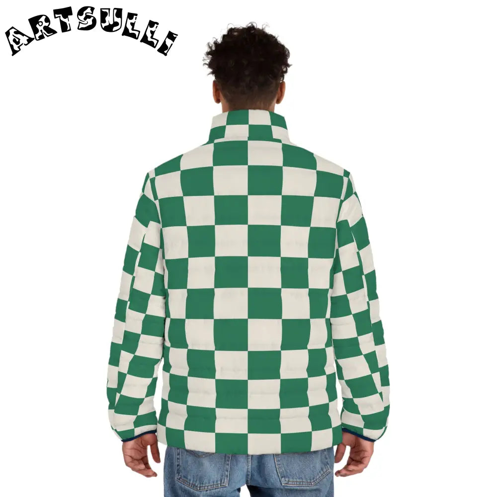 JAKKOUTTHEBXX Checkerboard Dark Green Men’s Puffer Jacket (AOP)