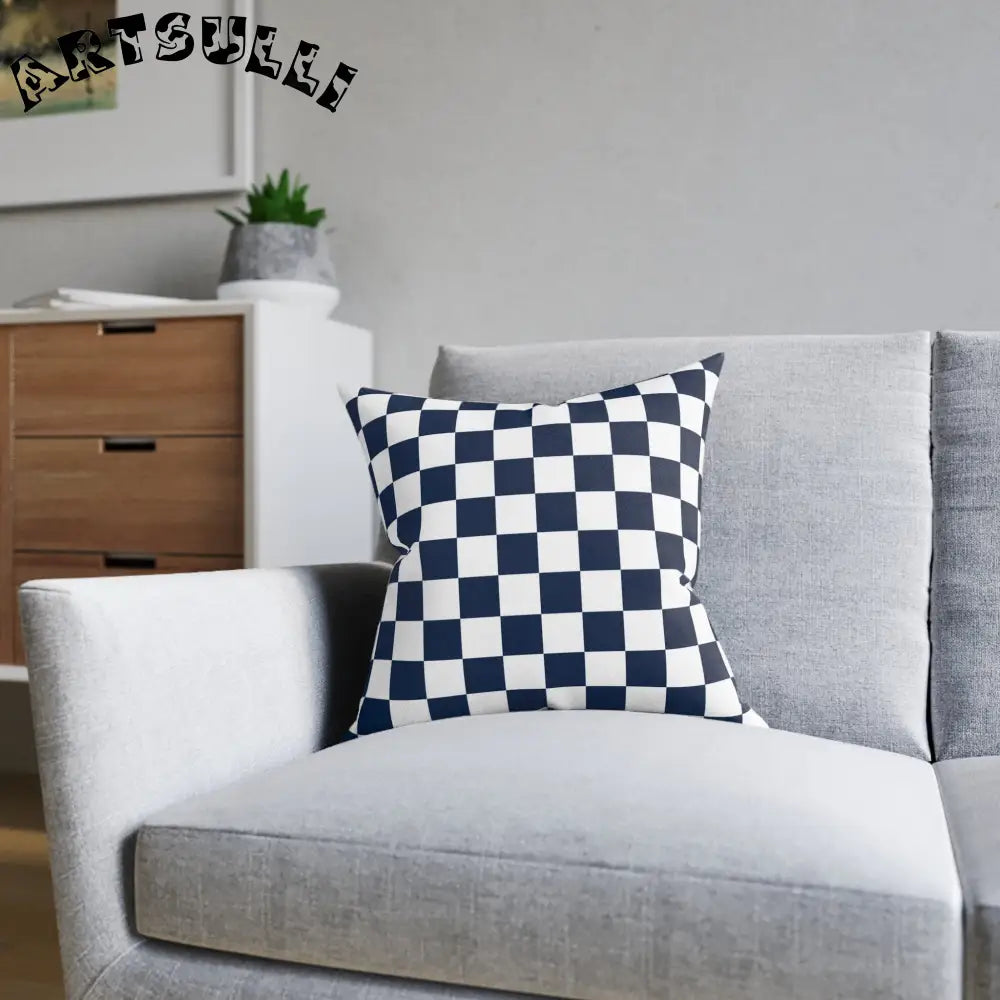 JAKKOUTTHEBXX Checkerboard White and Navy Blue Square Pillow