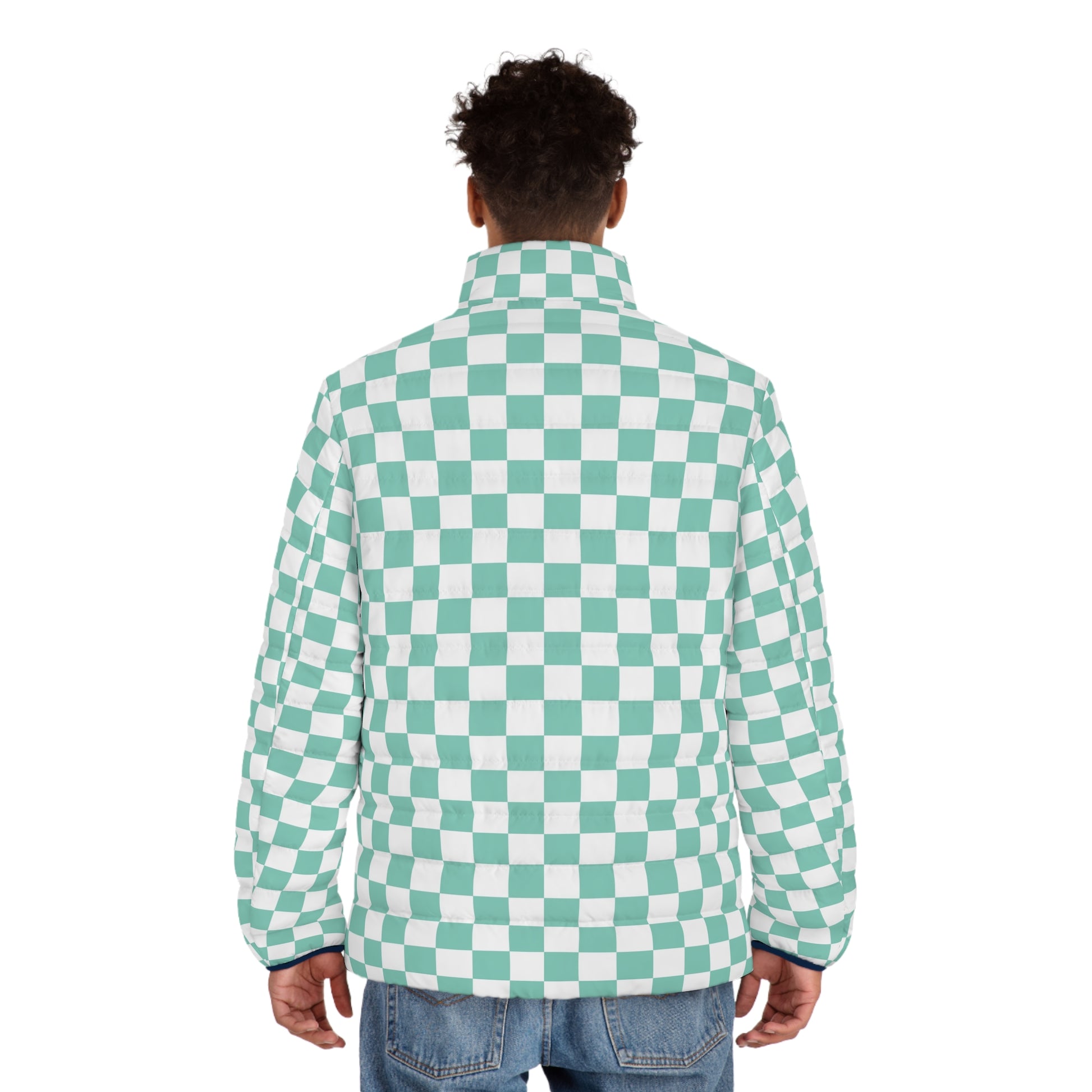 Checkerboard Light Green Men's Puffer Jacket (AOP), Artsulli - Art is Long, Life is Short, All Over Prints, , , , , , , 