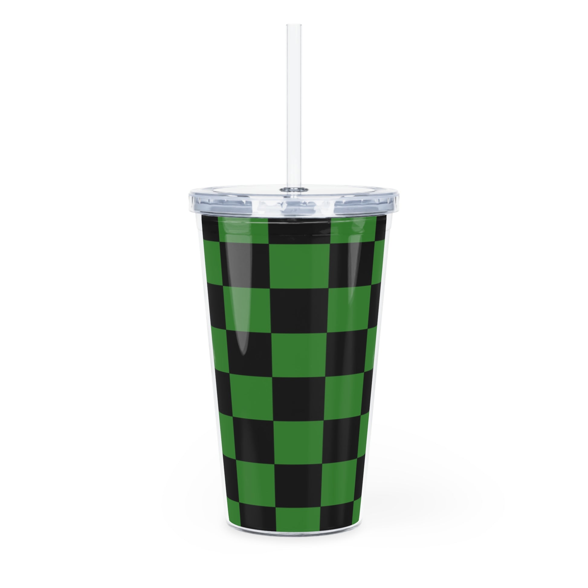 Checkerboard Green and Black Plastic Tumbler with Straw, Artsulli - Art is Long, Life is Short, Mug, , , , , , , 