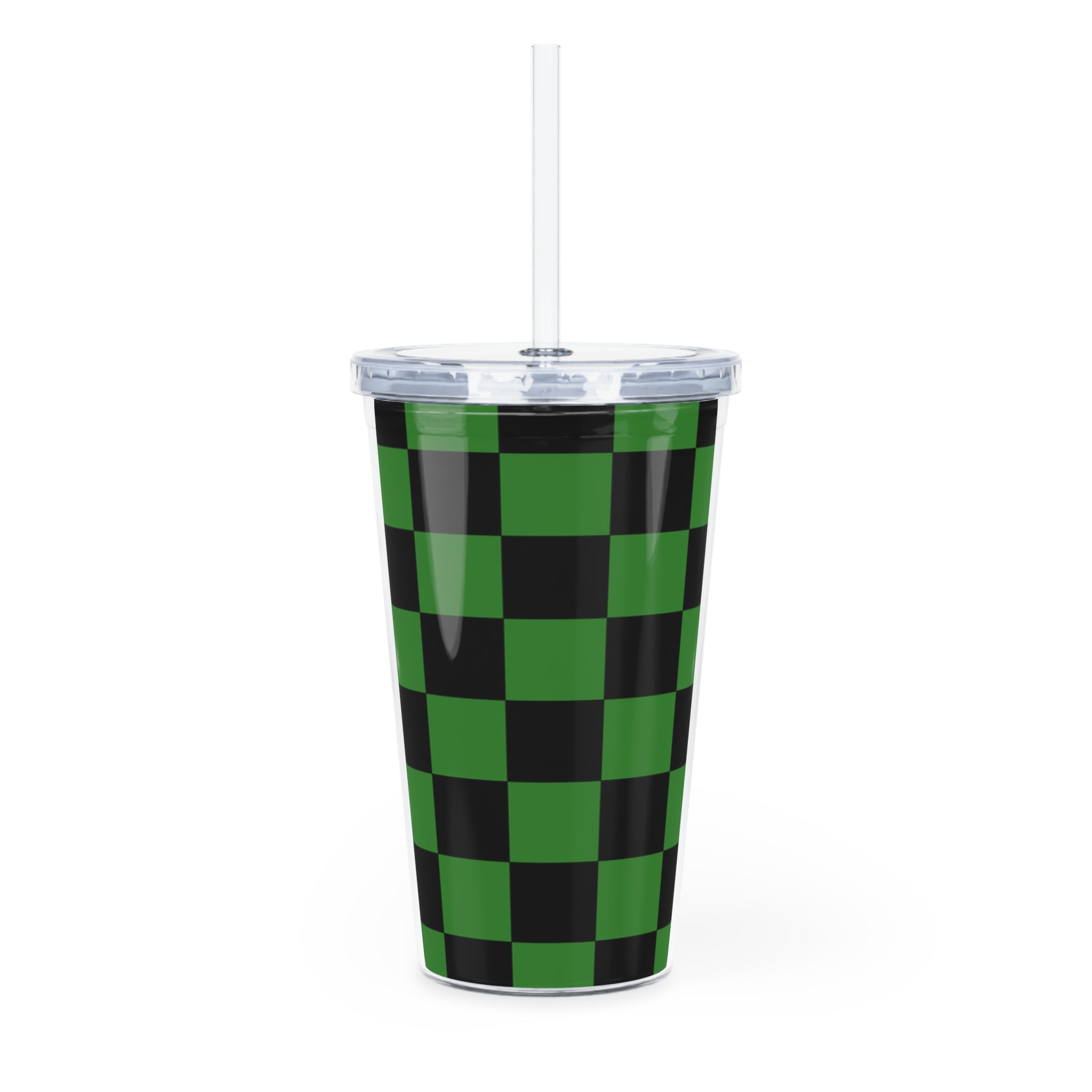 Checkerboard Green and Black Plastic Tumbler with Straw, Artsulli - Art is Long, Life is Short, Mug, , , , , , , 