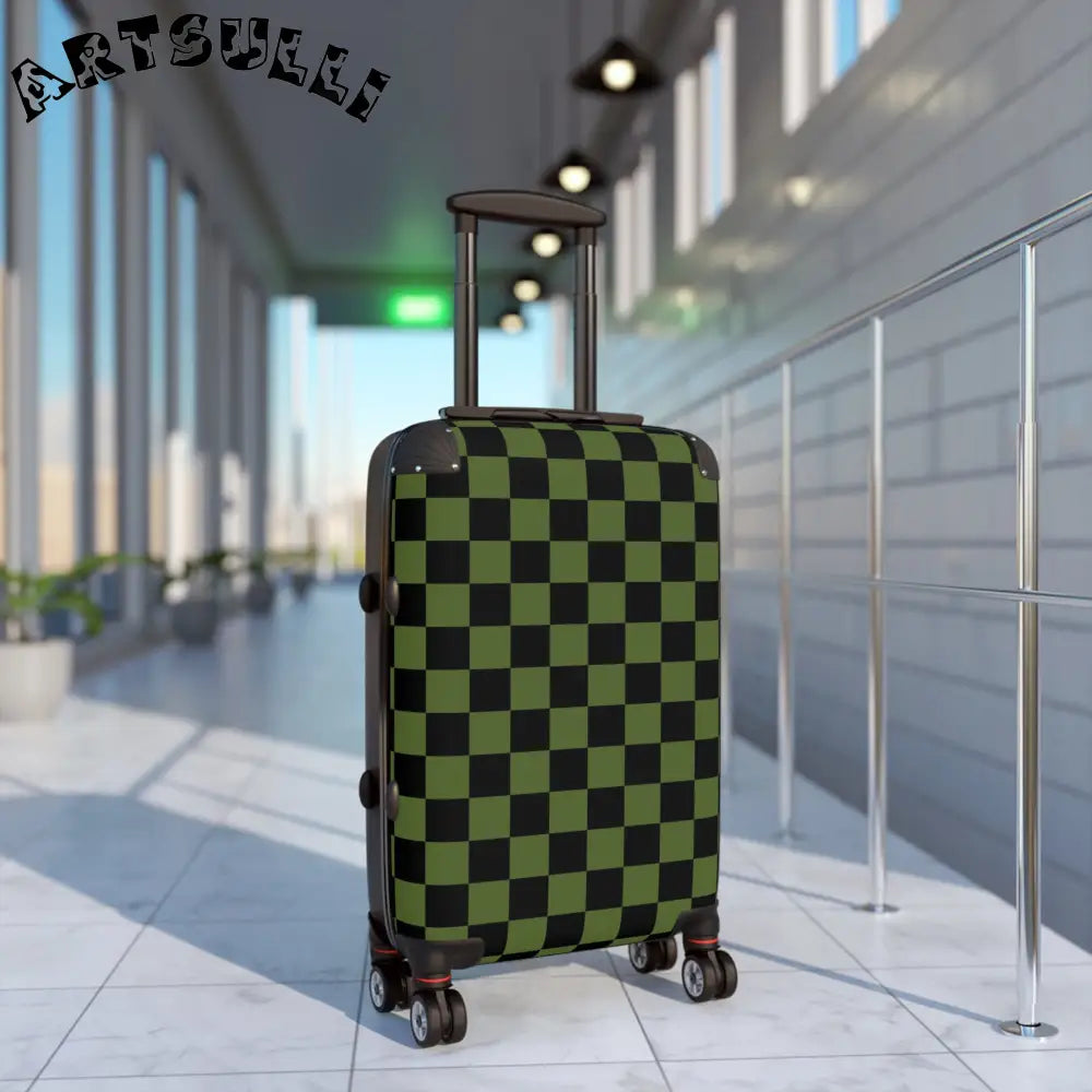 JAKKOUTTHEBXX Checkerboard Olive Green and Black Suitcase