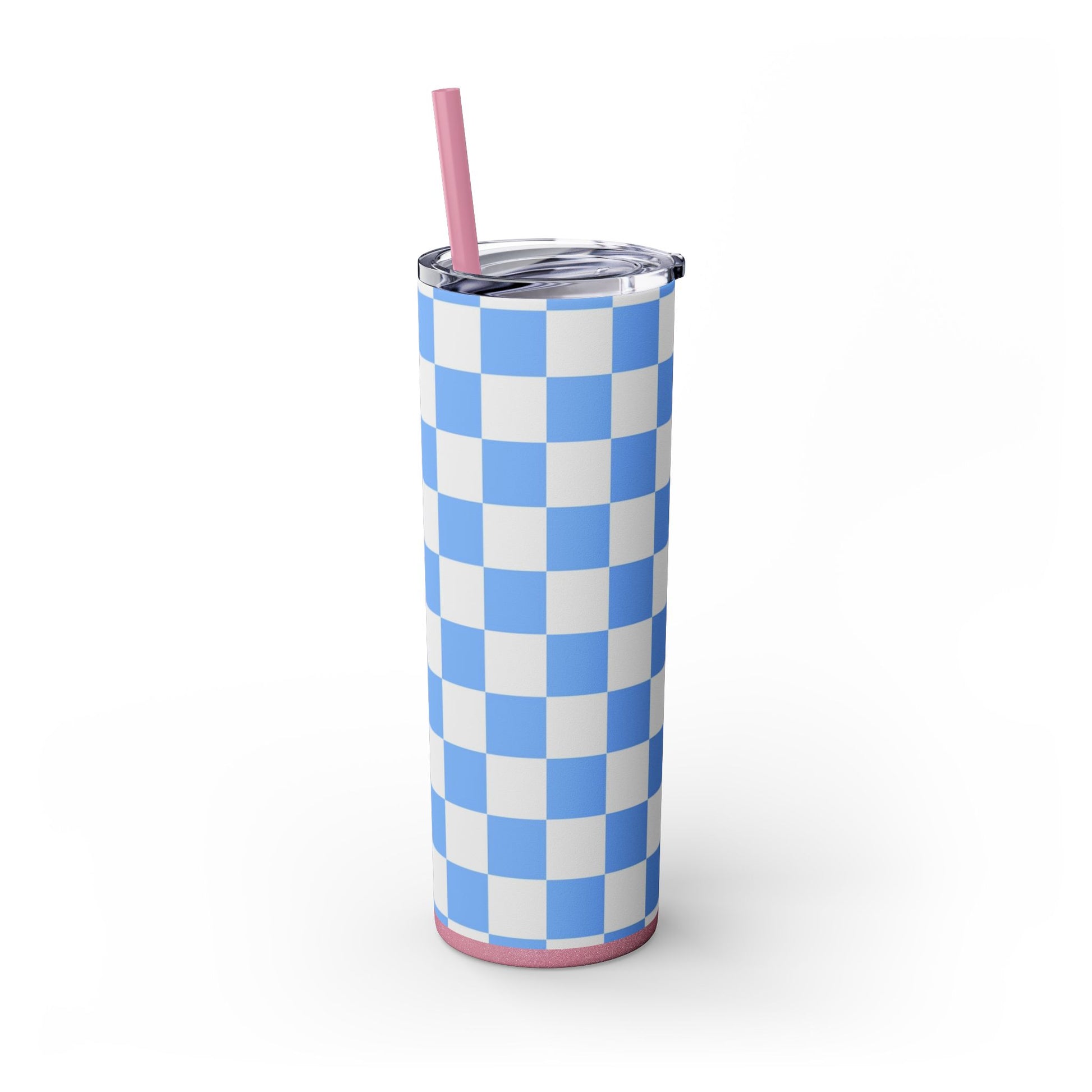 Checkerboard White and Light Blue Skinny Tumbler with Straw, 20oz, Artsulli - Art is Long, Life is Short, Mug, , , , , , , 