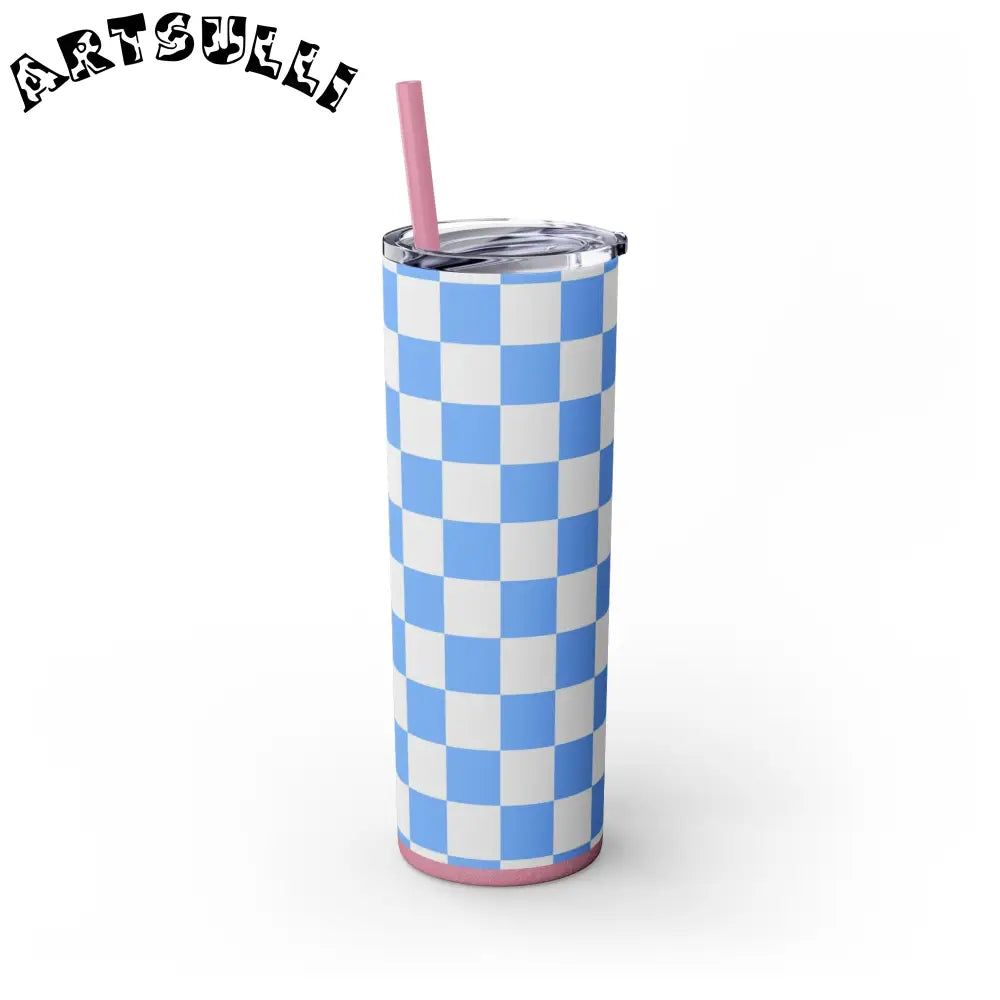JAKKOUTTHEBXX Checkerboard White and Light Blue Skinny Tumbler