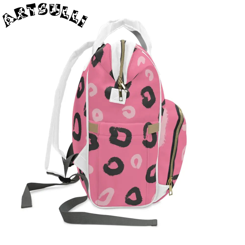 JAKKOUTTHEBXX Pink Leopard Print Diaper Backpack with White Straps and Trim 2025