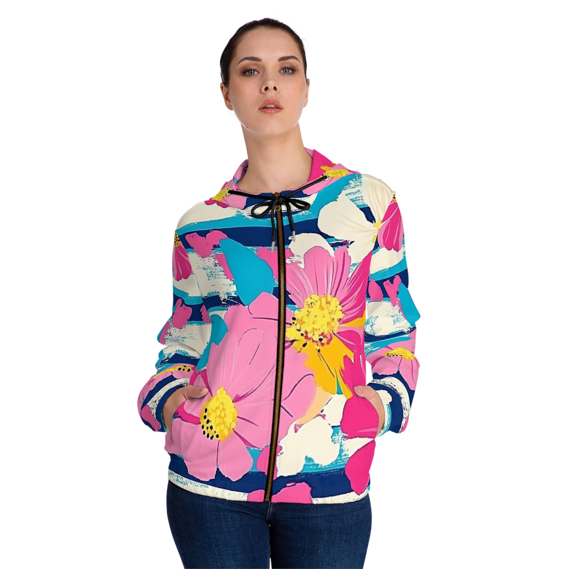 Dayglo Floral Stripes Women’s Full-Zip Hoodie (AOP), Artsulli - Art is Long, Life is Short, All Over Prints, , , , , , , 