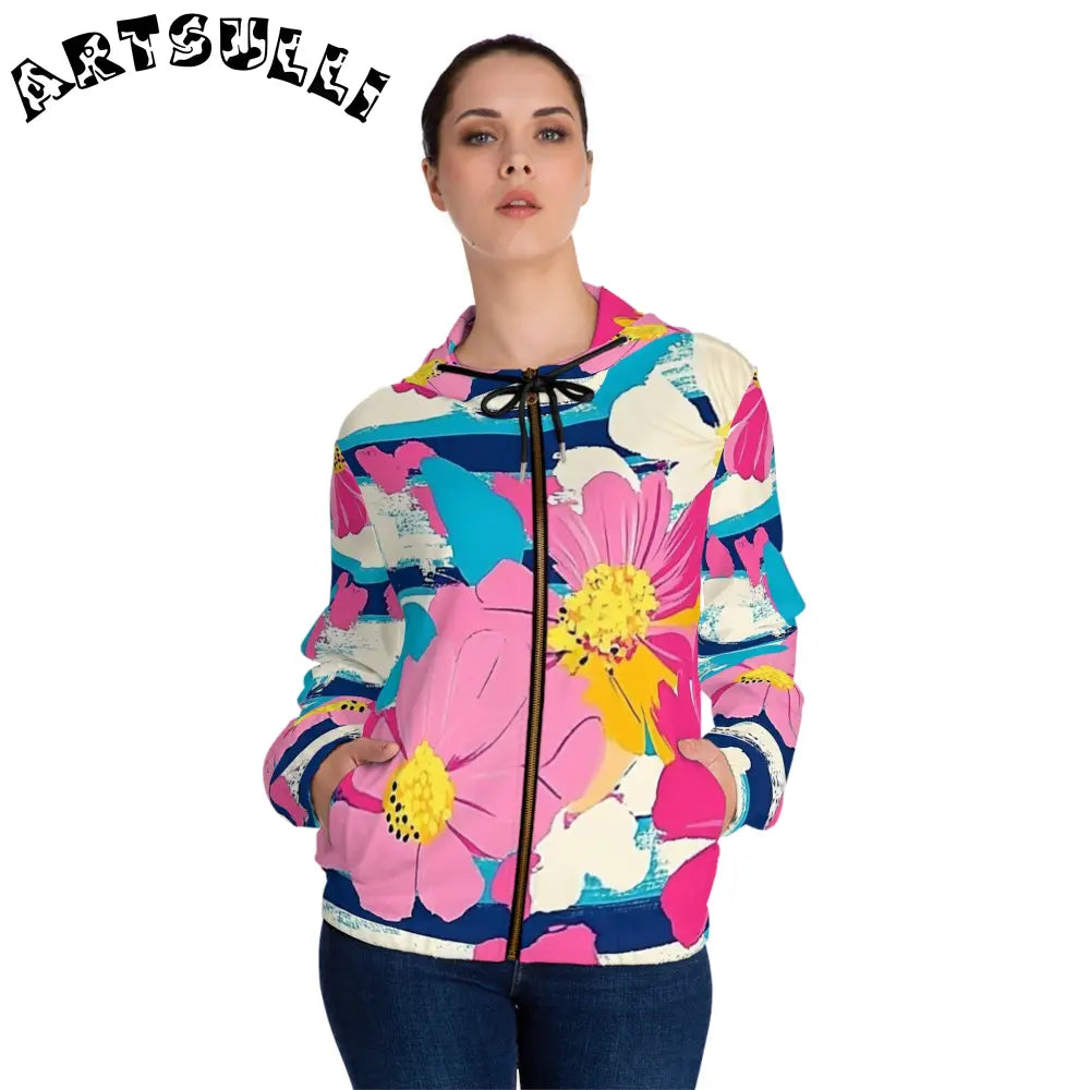 JAKKOUTTHEBXX Dayglo Floral Stripes Women’s Full-Zip Hoodie (AOP)