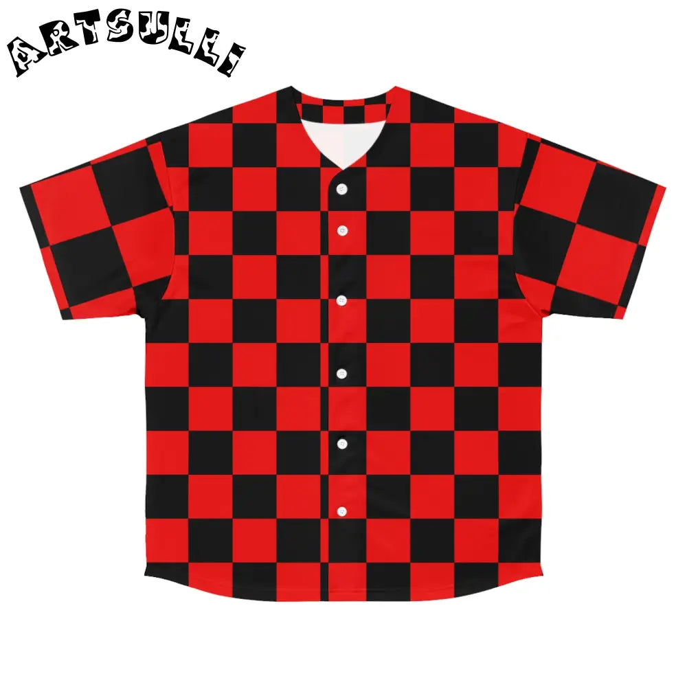 JAKKOUTTHEBXX Checkerboard Red and Black Men’s Baseball Jersey (AOP)