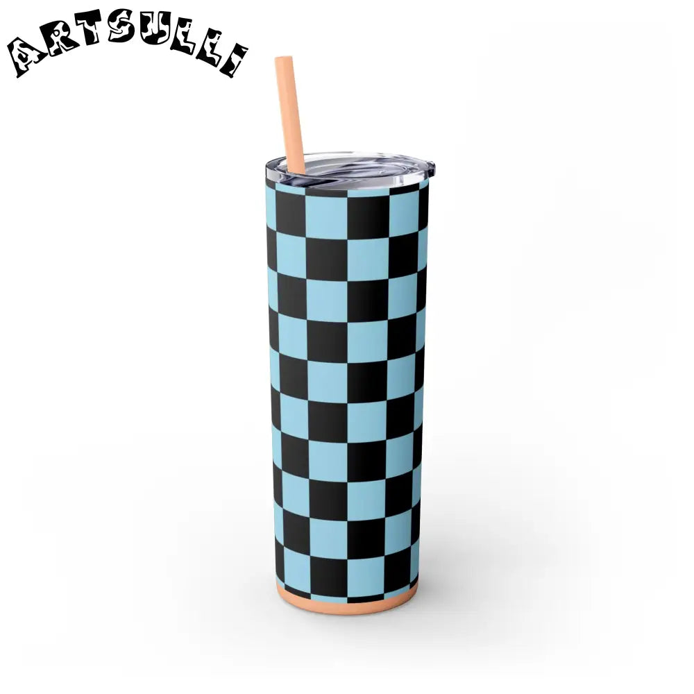 JAKKOUTTHEBXX Checkerboard Black and Blue Skinny Tumbler with Straw