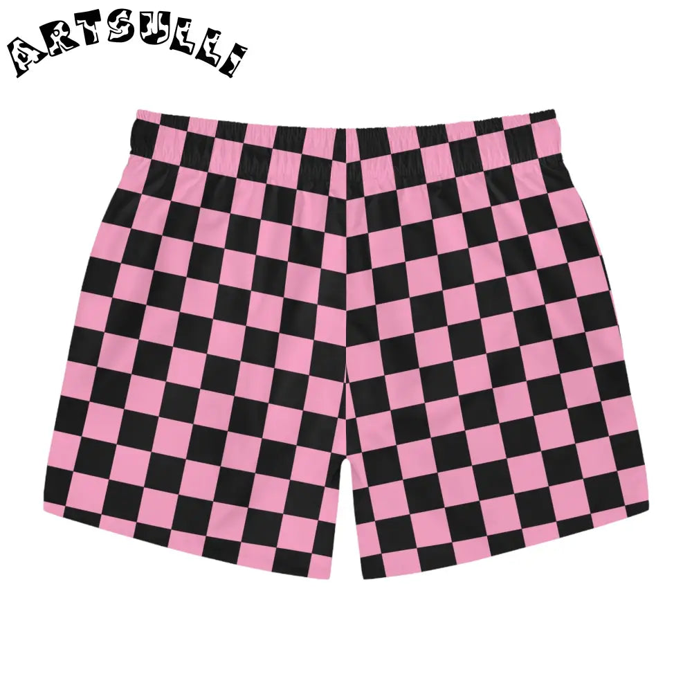 JAKKOUTTHEBXX Checkerboard II Black and Pink Swim Trunks (AOP)