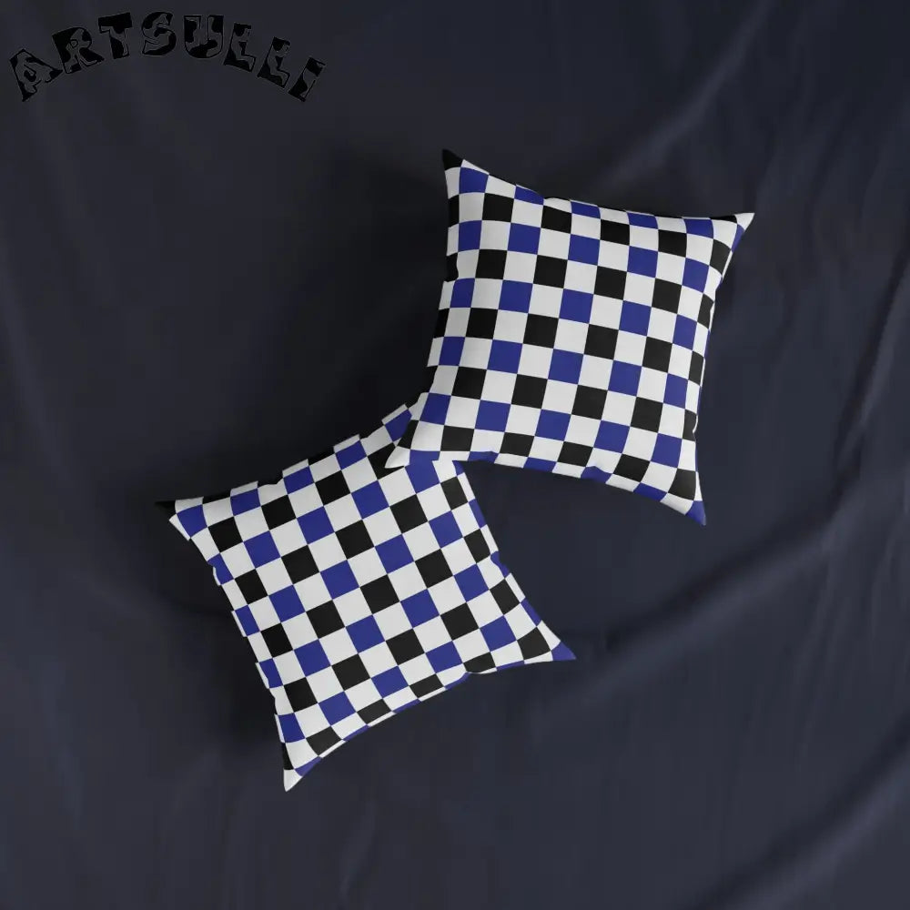 JAKKOUTTHEBXX Checkerboard Blue White and Black Square Pillow