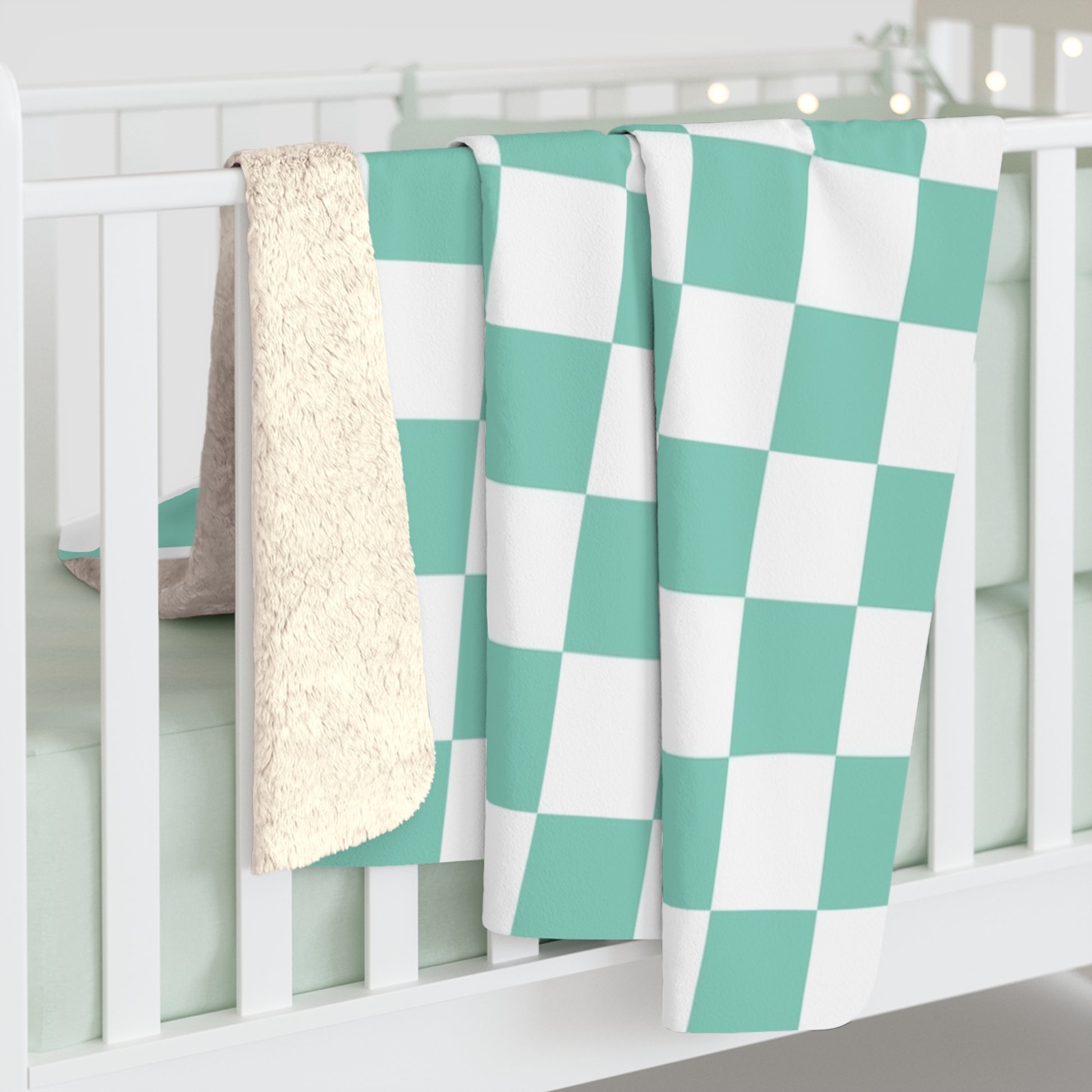 Checkerboard Light Green Sherpa Fleece Blanket, Artsulli - Art is Long, Life is Short, Home Decor, , , , , , , 