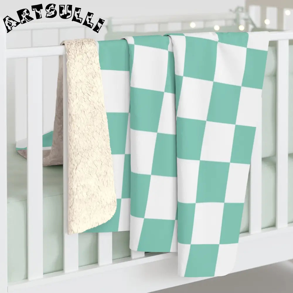 JAKKOUTTHEBXX Checkerboard Light Green Sherpa Fleece Blanket