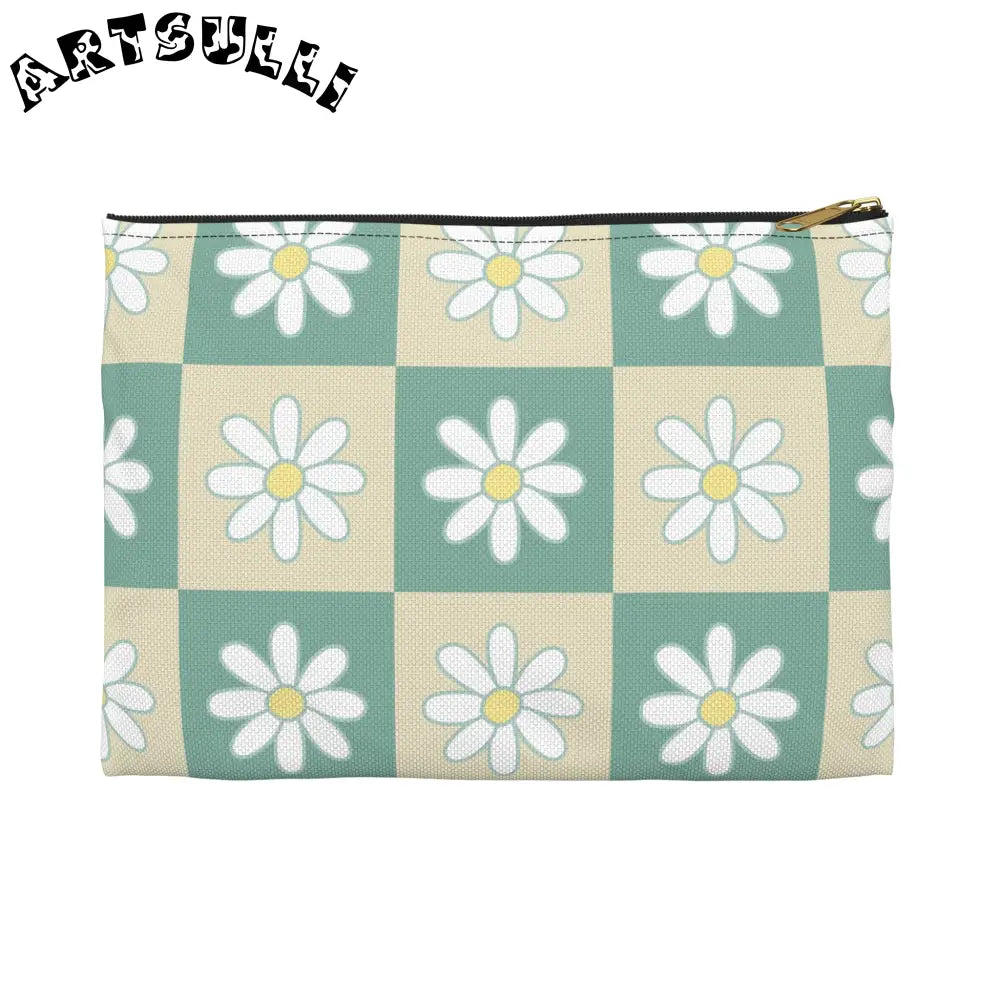 JAKKOUTTHEBXX Retro Daisy Checkerboard Green and Tan Accessory Pouch