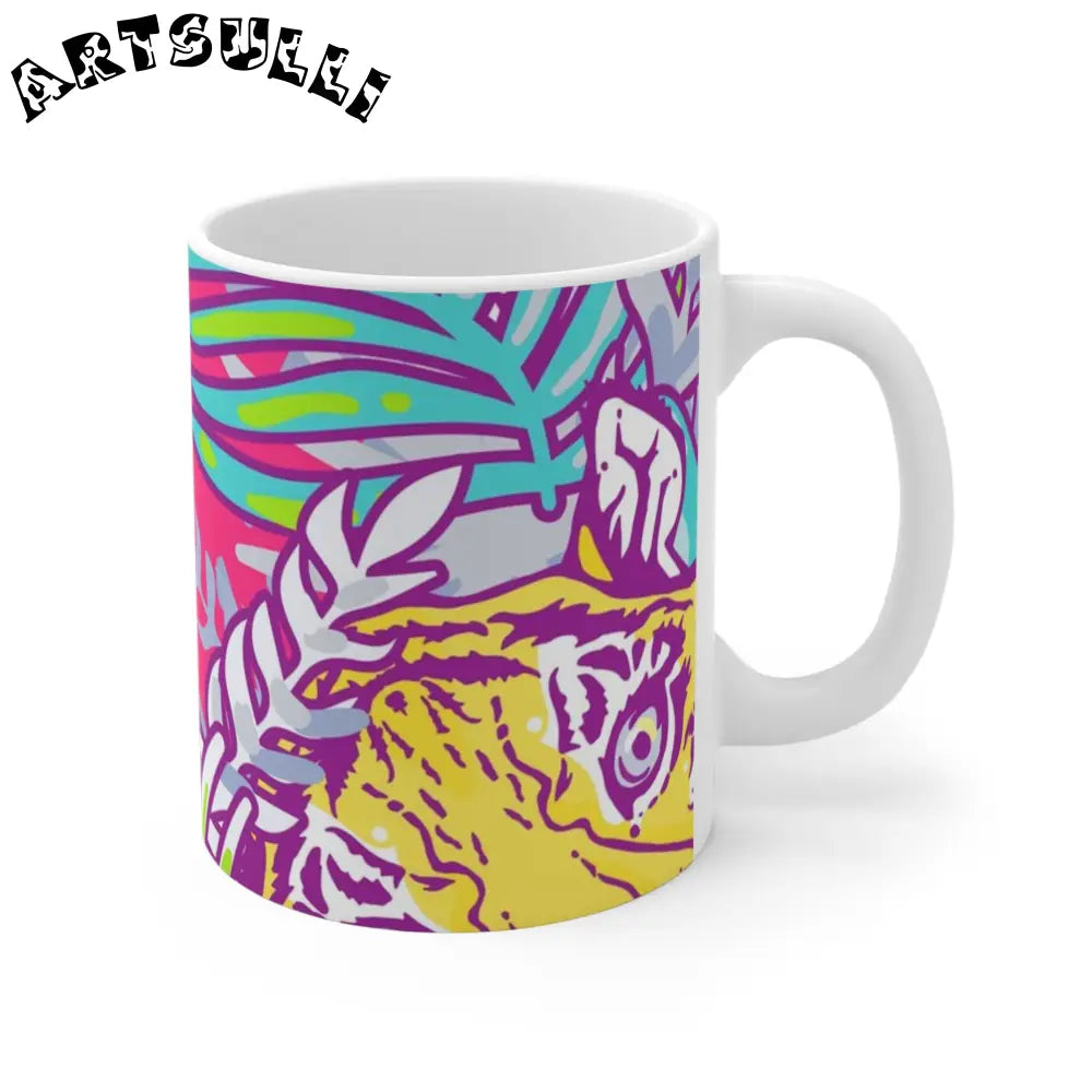 JAKKOUTTHEBXX Tropical Floral Tigers Torquise and Purple Mug 11oz