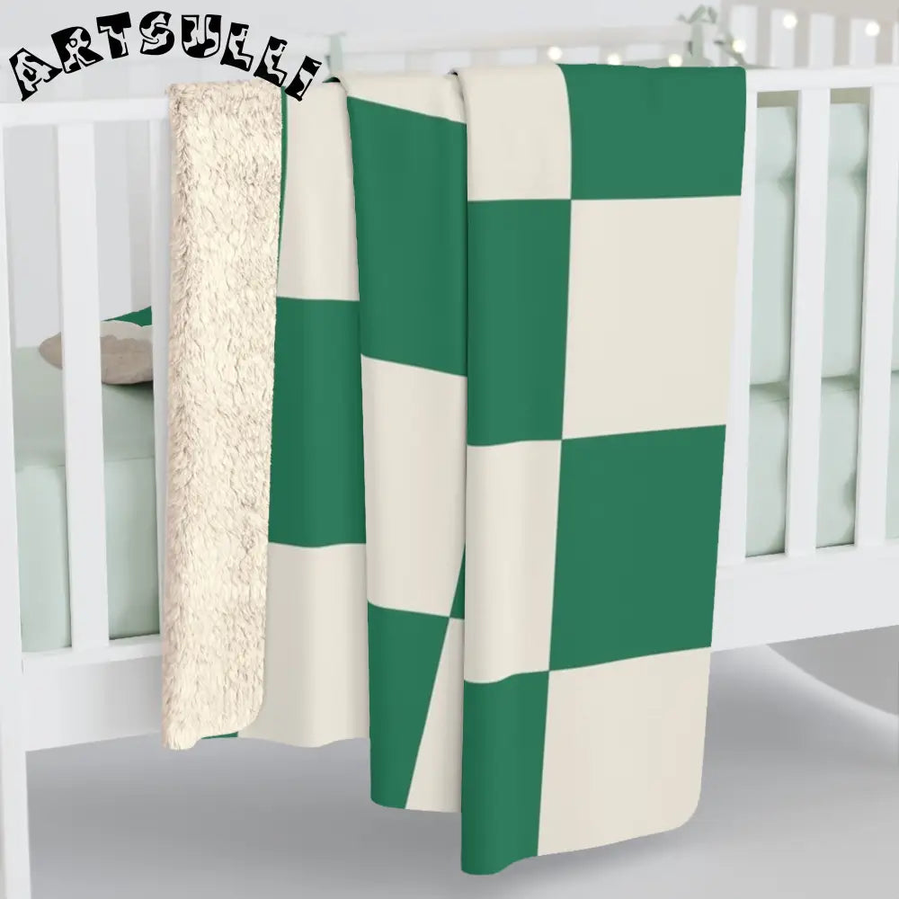 JAKKOUTTHEBXX Checkerboard Dark Green Sherpa Fleece Blanket