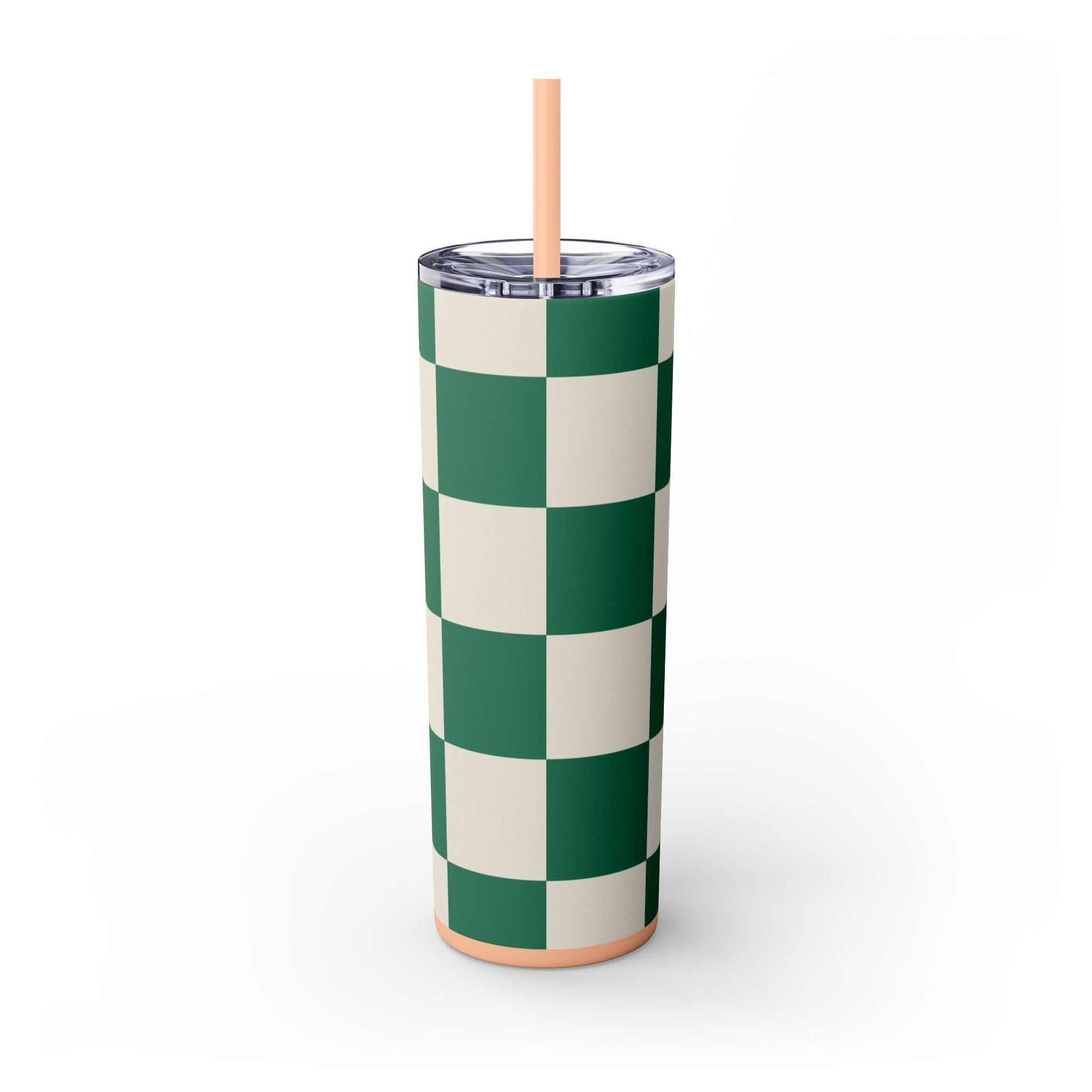 Checkerboard Dark Green Skinny Tumbler with Straw, 20oz, Artsulli - Art is Long, Life is Short, Mug, , , , , , , 