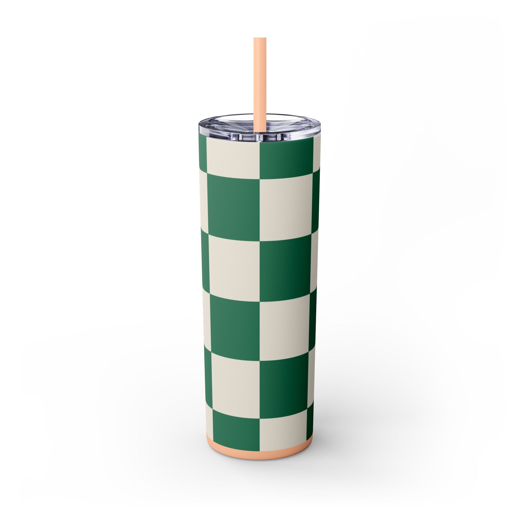 Checkerboard Dark Green Skinny Tumbler with Straw, 20oz, Artsulli - Art is Long, Life is Short, Mug, , , , , , , 
