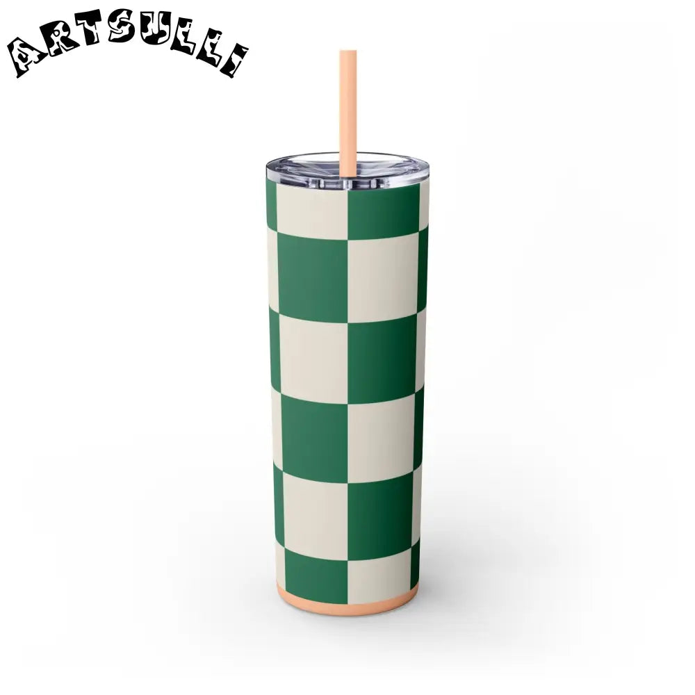 JAKKOUTTHEBXX Checkerboard Dark Green Skinny Tumbler with Straw 20oz
