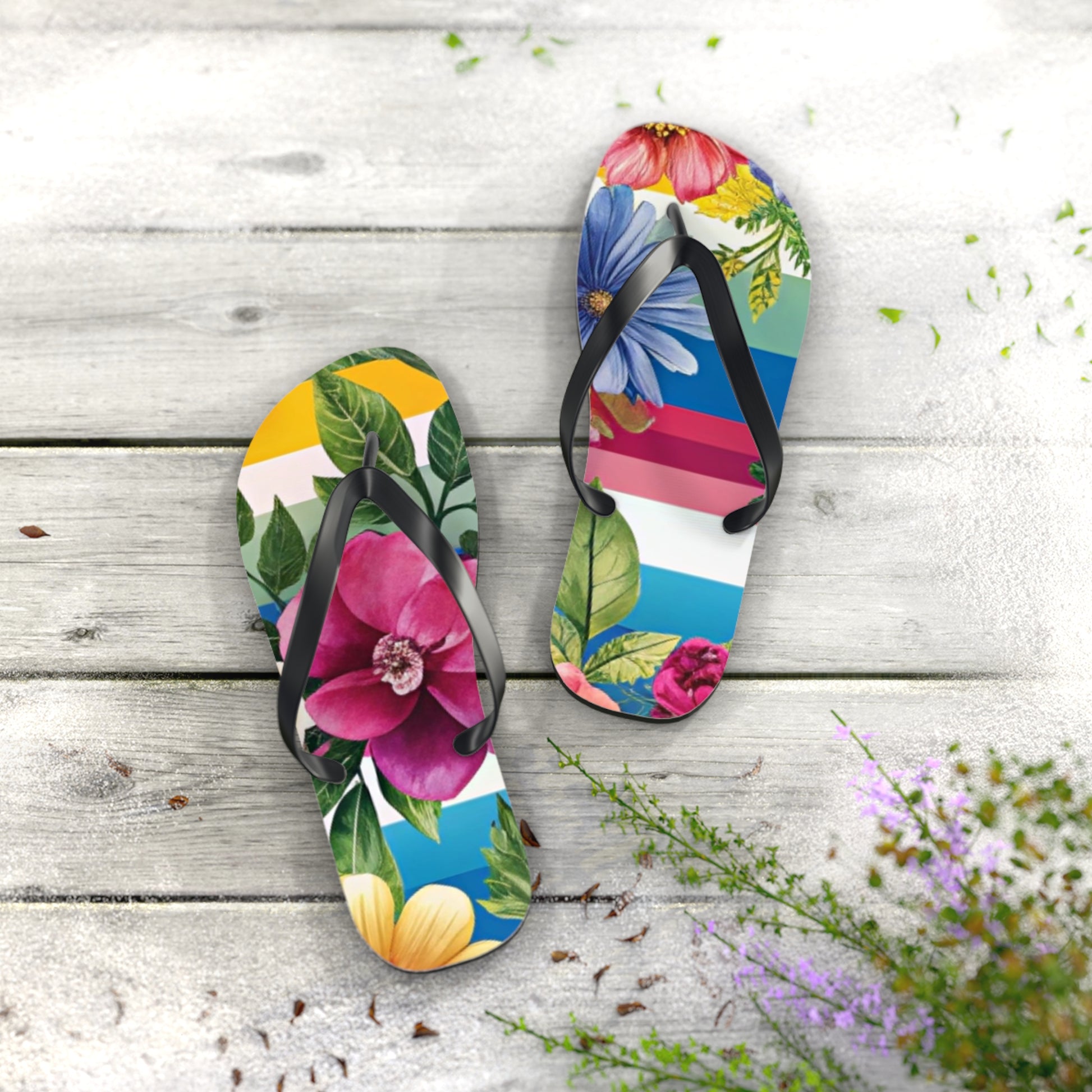 Floral Stripe 4K Flip Flops, Artsulli - Art is Long, Life is Short, Shoes, , , , , , , 