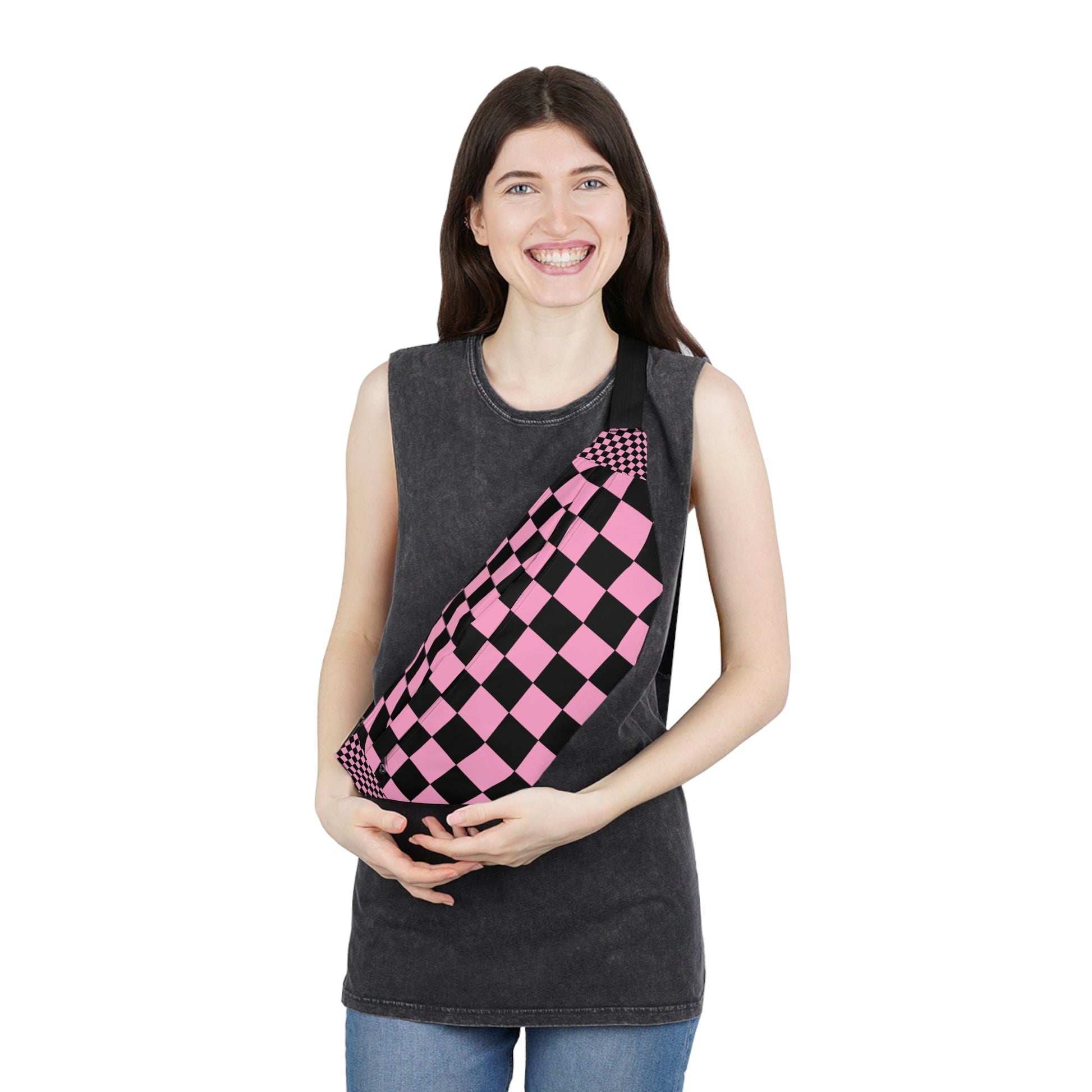 Checkerboard Black and Pink Large Fanny Pack, Artsulli - Art is Long, Life is Short, Bags, , , , , , , 