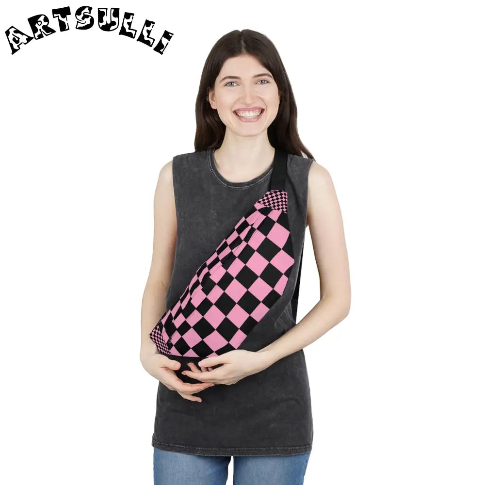 JAKKOUTTHEBXX Checkerboard Black and Pink Large Fanny Pack