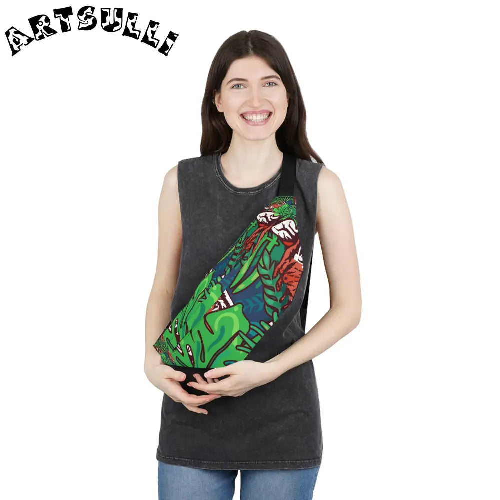 JAKKOUTTHEBXX Tropical Jungle Tigers Blue and Green Large Fanny Pack